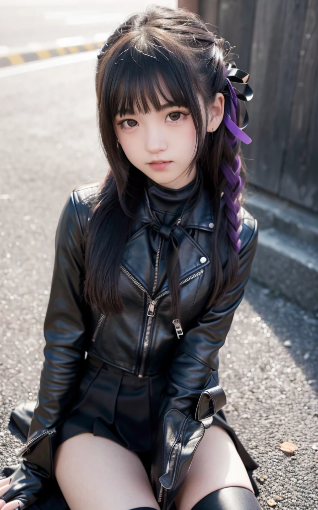 Super high quality、High definition、high contrast、Vivid colors、1 girl、15 years old、15 years old、((childish face))、Cheeky face、(fearless smile)、realistic photo、masterpiece, highest quality, High resolution, Akyoko, long hair, purple hair, side blade, dull bangs, hair ribbon, black ribbon, high collar, yellow tie, （black leather motorcycle jacket）, open clothes, long sleeve, black leather gloves, black mini skirt, pleated skirt, ((black long boots)), full shot, danganronpa \(series\), street, full shot, ((sitting on the ground and looking up)),looking at the viewer, slender、、Leather straps on the thighs、tattoo、earrings、