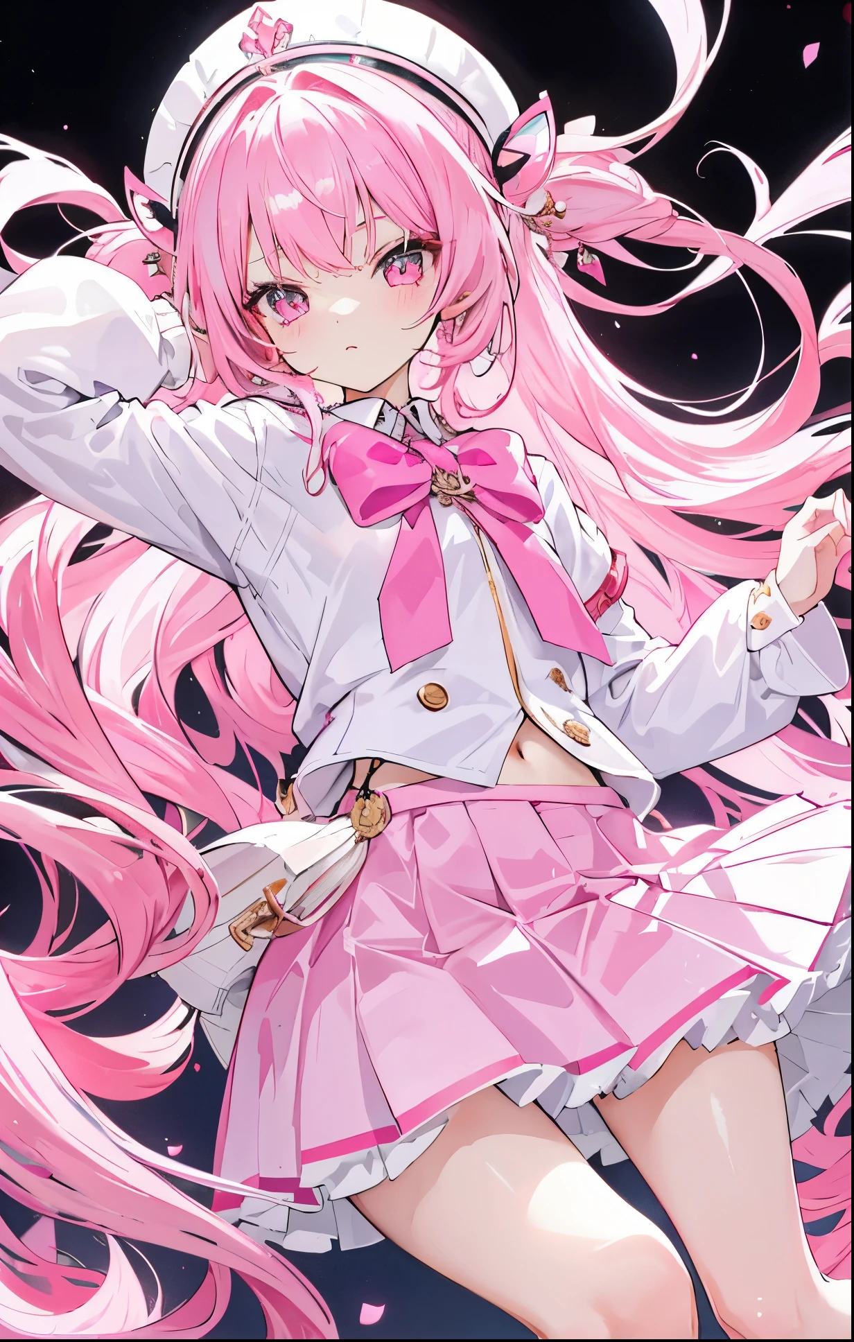Shiny bright pink and white long hair，Stunning pupils，Petite and cute little sweet girl，White clothes soft and waxy texture，black pleated skirt，Quirky and super cute