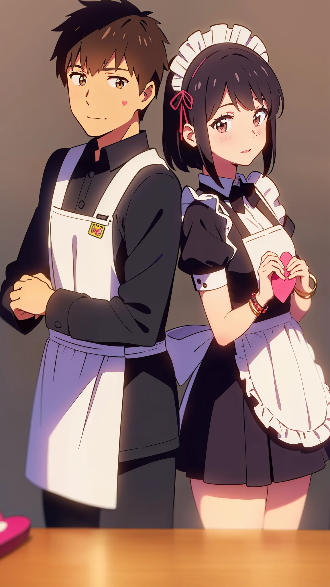shinkai makoto, kimi no na wa., 1girl, 1boy, bangs, black hair, blush, brown eyes, (boy wear Suspender Clothes), ((girl wear maid dress, maid, apron, maid headdress, short dress, Off-the-shoulders)), bow, ribbon, short hair, smile, open mouth, looking at the viewer, cute, love, heart, couple, adorable, dating, bracelet, valentine background, Valentine's Day