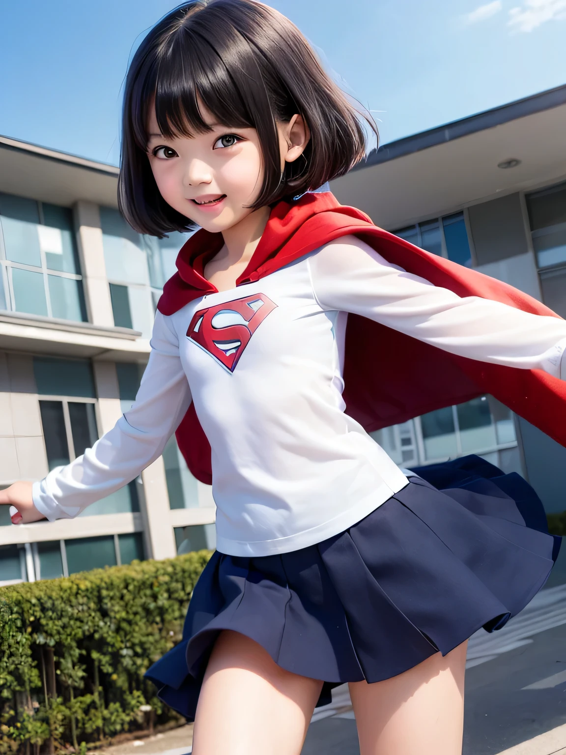 A very elementary school student is wearing Supergirl clothes..、masterpiece、highest quality、Spreading black hair、bob cut with trimmed ends、(flat chest)、con、red cloak、Glowing heart particles dance in the air、Rooftop background with pool、whole body、smile