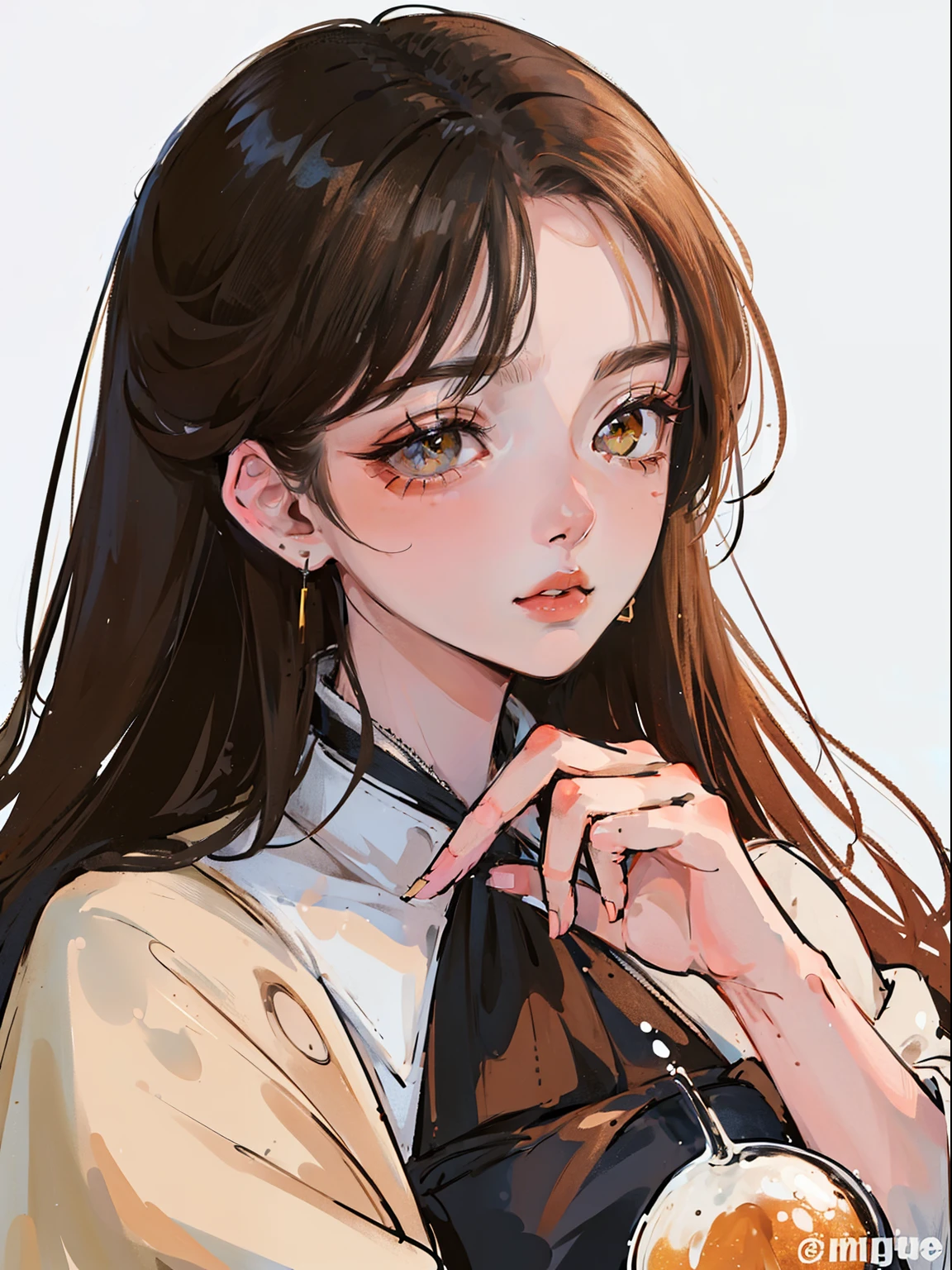 (portrait:1.4), (table top:1.2, highest quality:1.2), bottom up, whole body, 1 girl with long brown hair, alone, look down, face focus, Extreme facial details, cool eyes, highly detailed eyes, Good looking, compensate, finger on lips, yellow eyes, thin, slim, white fur coat, black tights, earrings, (Marco) Cafe)