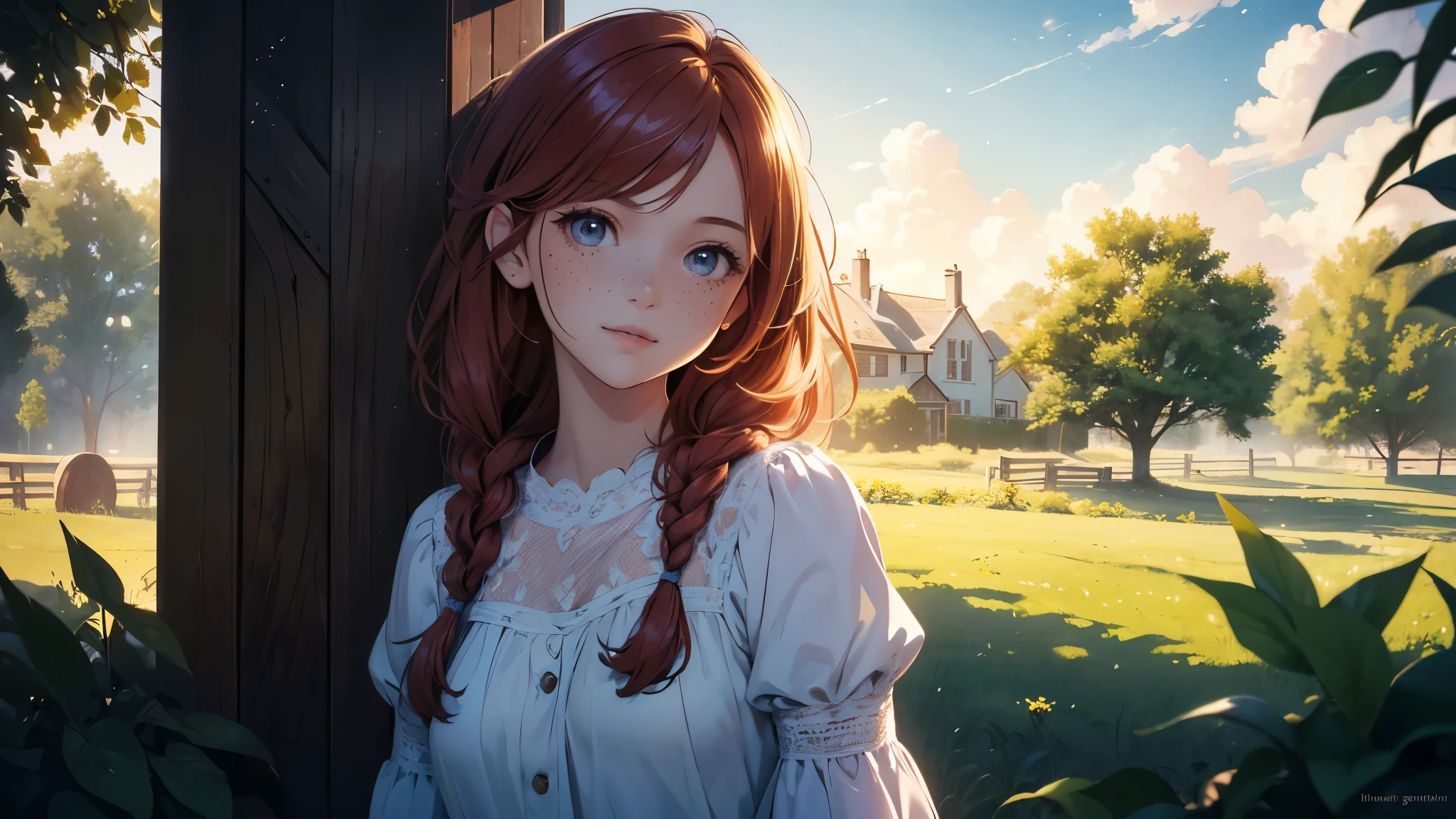 ((masterpiece,best quality,ultra detailed,ultra high res,detailed country yard background)), soft realistic focus, dynamic shadows, realistic image, vibrant colors,light leaks,dreamy atmosphere,chiaroscuro,BREAK
experimental charm, The girl is depicted in full growth, you see the girl from head to toe, nostalgic appeal, country girlfriend, she take you with yourself, simple open short dress, soft mischievous smile, freckles, shiny light red hair, she will take your hand, thick braids, She took you to the moon and back