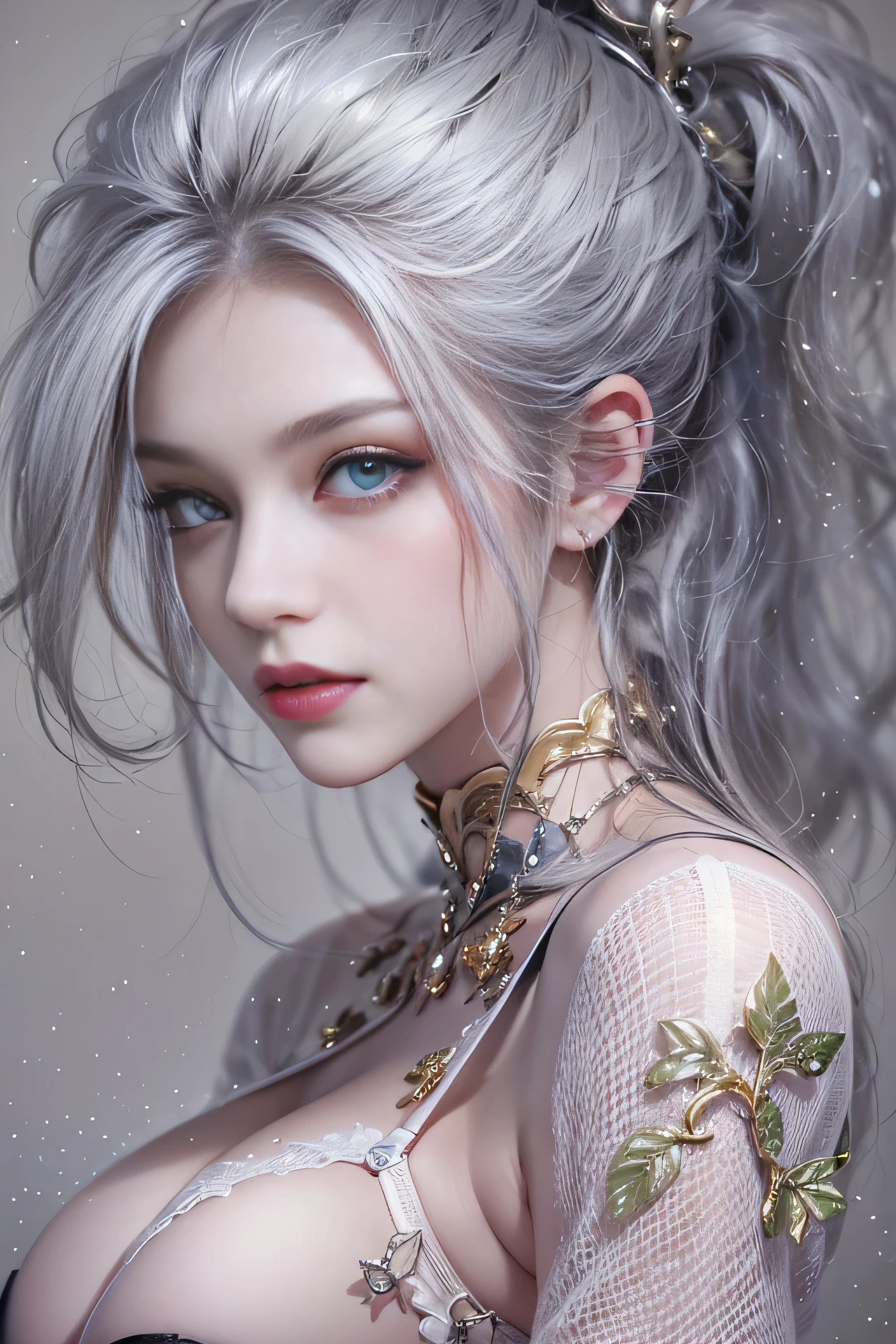 ((masterpiece:1.4)、(highest quality:1.4)、(realistic:1.7))、19 years old、(upper arm:1.4、two legs:1.4)、(perfect anatomy:1.4)、(perfect female body:1.4)、girl portrait photography、close up photo、full body shot、((table top:1.4), (highest qualityの:1.4), (realistic:1.7), Written by Luis Royo, beautiful girl, 超beautiful girl, ((1 girl:1. 4), Radiant natural skin texture,  (perfect female body: 1.4), (perfect female body: 1.) 4), girl portrait photography, close up photo, （full body photo）, fantasy art, soft front light, beautiful expression, cute face, beautiful breasts, big breasts: 1. 2, beautiful butt, fine eyes, Clear and eye-catching, beautiful and attractive, beautiful eyes, thin waist, RAW photo, red lips, ((gray hair, long hair)) , 1 screen display, ),((off-the-shoulder hand-knitted sweater))、((black tight skirt)）、 (sexy posture), (milky way in the sky),((T-back pants))、((black garter and garter belt))、