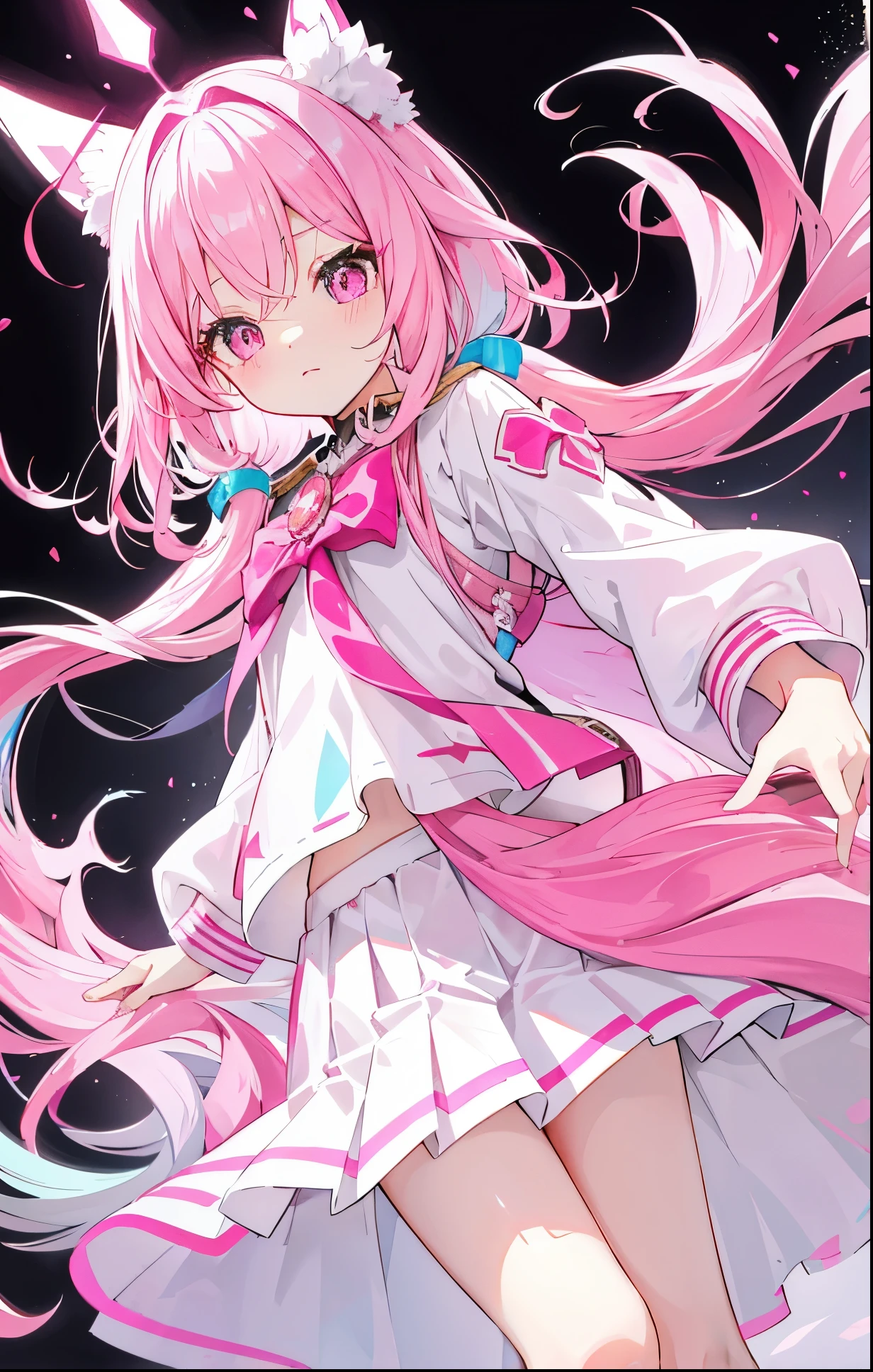 Shiny bright pink and white long hair,Stunning pupils,Petite and cute sweet girl,White clothes soft and waxy texture,black pleated skirt,Quirky and super cute