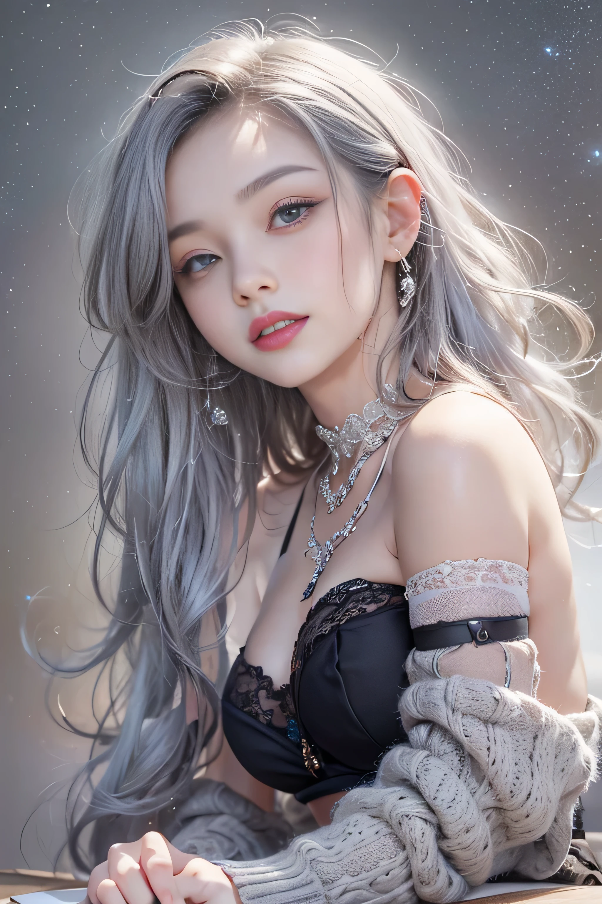 ((masterpiece:1.4)、(highest quality:1.4)、(realistic:1.7))、Surreal portrait of a beautiful woman、super beautiful girl、((1 girl:1.4))、Radiant natural skin texture、19 years old、(upper arm:1.4、two legs:1.4)、(perfect anatomy:1.4)、(perfect female body:1.4)、girl portrait photography、close up photo、full body shot、((table top:1.4), (highest qualityの:1.4), (perfect female body: 1.4), (perfect female body: 1.) 4), girl portrait photography, close up photo, (full body photo), fantasy art, soft front light, beautiful expression, cute face, beautiful breasts, big breasts: 1. 2, beautiful butt, fine eyes, Clear and eye-catching, beautiful and attractive, beautiful eyes, thin waist, RAW photo, red lips, ((gray hair, long hair)) , 1 screen display, ),((off-the-shoulder hand-knitted sweater))、((black tight skirt))、 (sexy posture), (milky way in the sky),((T-back pants))、((black garter and garter belt))、(laughter)、((膣兰))、(())
