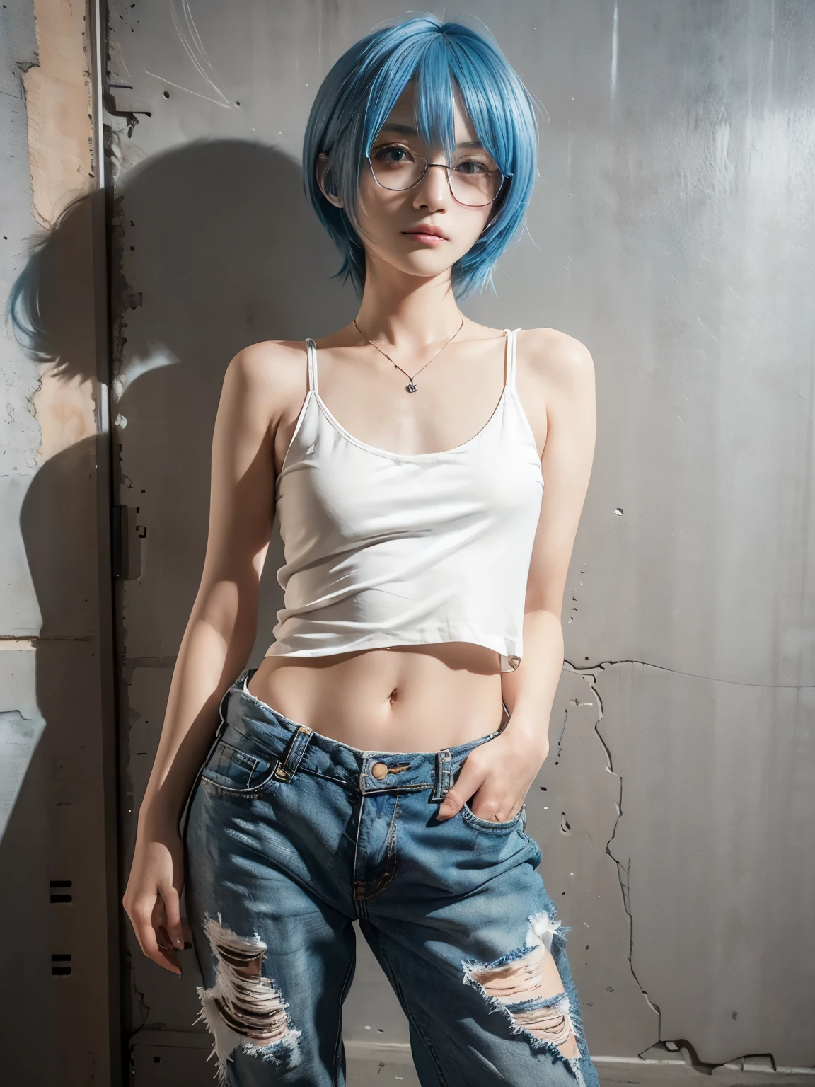 raw photo, 8k, (top-quality), Realistic, (real picture, Intricate details), (natural skin texture, detailed skin, hyper realism, sharpness), (Japanese teenage girl standing in a dirty back alley at night, graffitied wall:1.3, hands in pockets), ((tight white tank top, Distressed denim pants, low rise baggy pants)), (((flat chest:1.5))), (pale skin), ((blue hair, shorthair, short bangs)), (glasses, seductive face, Parted lips:1.3), graffiti:1.5, trash can, night time, spot lighting:1.3, Full body shot