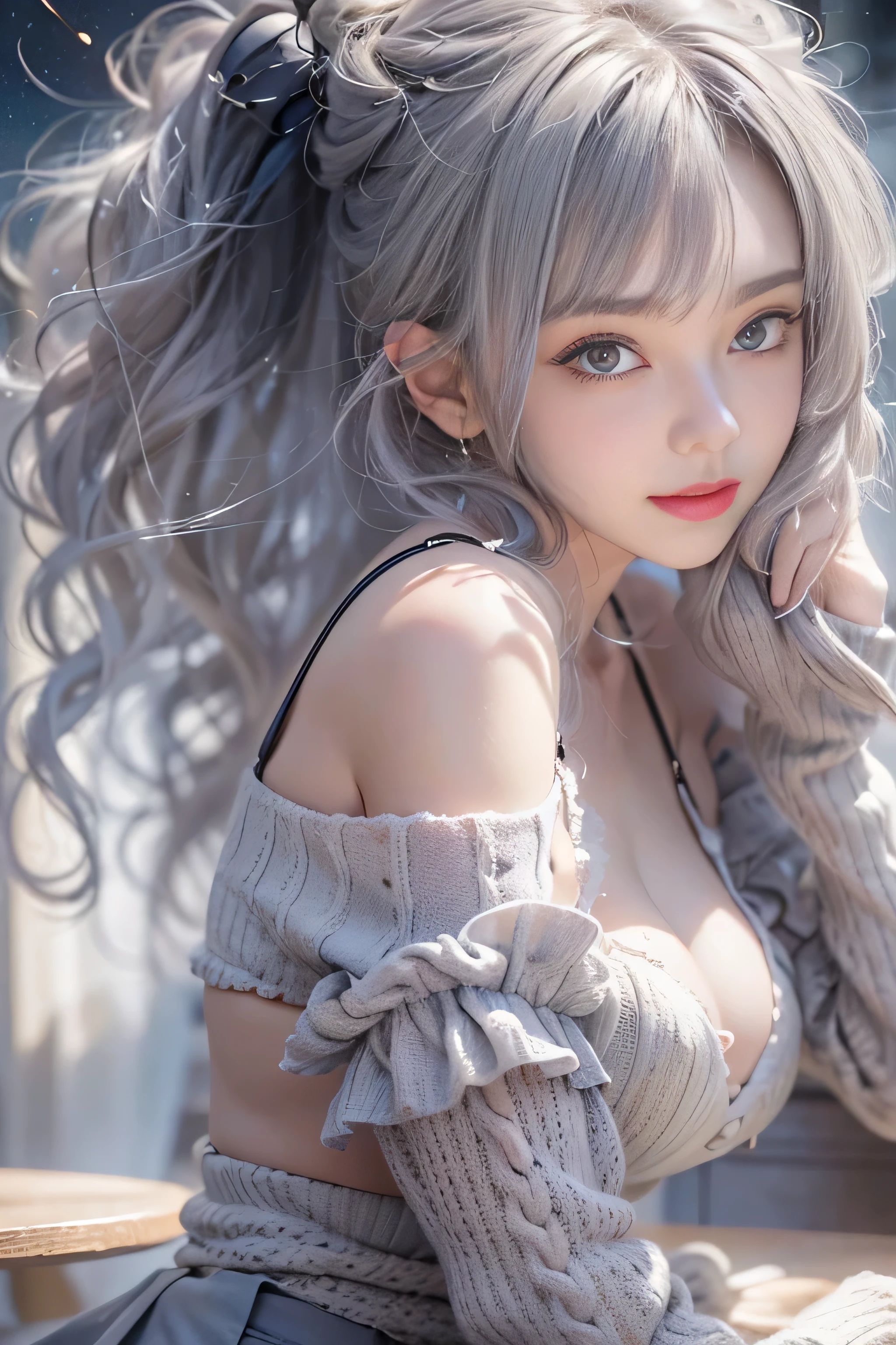 ((masterpiece:1.4)、(highest quality:1.4)、(realistic:1.7))、Surreal portrait of a beautiful woman、super beautiful girl、((1 girl:1.4))、Radiant natural skin texture、19 years old、(upper arm:1.4、two legs:1.4)、(perfect anatomy:1.4)、(perfect female body:1.4)、girl portrait photography、close up photo、full body shot、((table top:1.4), (highest qualityの:1.4),  (perfect female body: 1.4), (perfect female body: 1.) 4), girl portrait photography, close up photo, （full body photo）, fantasy art, soft front light, beautiful expression, cute face, beautiful breasts, big breasts: 1. 2, beautiful butt, fine eyes, Clear and eye-catching, beautiful and attractive, beautiful eyes, thin waist, RAW photo, red lips, ((gray hair, long hair)) , 1 screen display, ),((off-the-shoulder hand-knitted sweater))、((black tight skirt)）、 (sexy posture), (milky way in the sky),((T-back pants))、((black garter and garter belt))、(laughter)、((膣兰)）、(()）