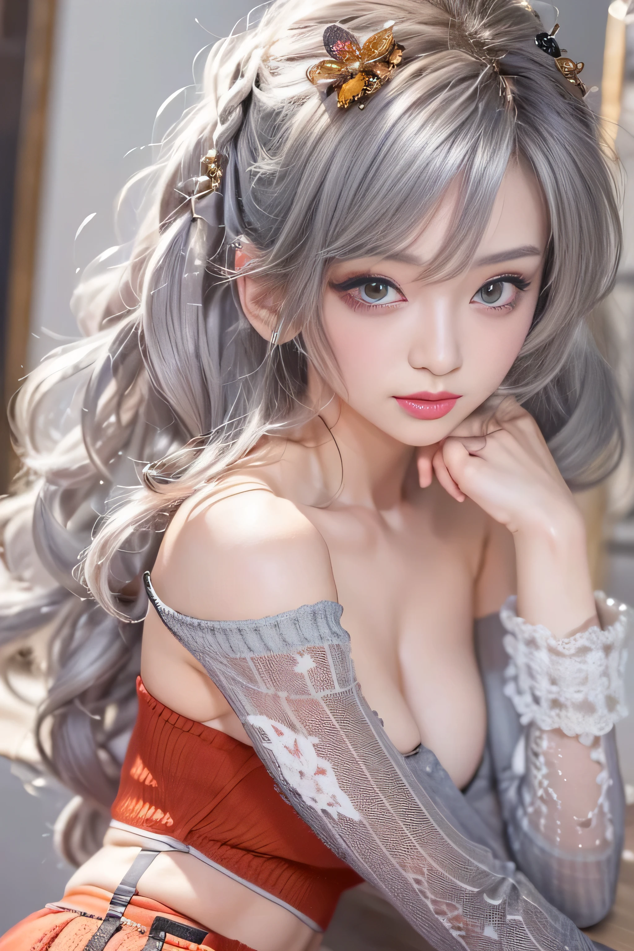 ((masterpiece:1.4)、(highest quality:1.4)、(realistic:1.7))、Surreal portrait of a beautiful girl、超beautiful girl、((1 girl:1.4))、Radiant natural skin texture、19 years old、(upper arm:1.4、two legs:1.4)、(perfect anatomy:1.4)、(perfect female body:1.4)、girl portrait photography、close up photo、full body shot、((table top:1.4), (highest qualityの:1.4), (realistic:1.7), beautiful girl, 超beautiful girl, ((1 girl:1. 4), Radiant natural skin texture, , 19 years old, (perfect female body: 1.4), (perfect female body: 1.) 4), girl portrait photography, close up photo, （full body photo）, fantasy art, soft front light, beautiful expression, cute face, beautiful breasts, big breasts: 1. 2, beautiful butt, fine eyes, Clear and eye-catching, beautiful and attractive, beautiful eyes, thin waist, RAW photo, red lips, ((gray hair, long hair)) , 1 screen display, ),((off-the-shoulder hand-knitted sweater))、((black tight skirt)）、 (sexy posture), (milky way in the sky),((T-back pants))、((black garter and garter belt))、