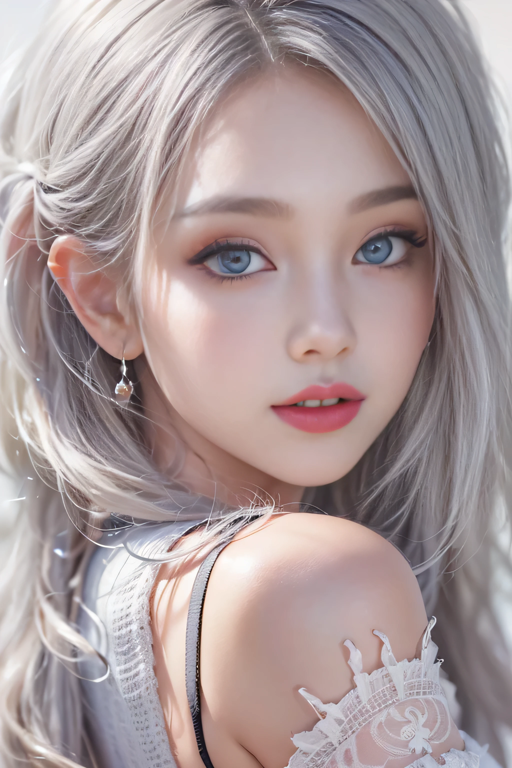 ((masterpiece:1.4)、(highest quality:1.4)、(realistic:1.7))、Surreal portrait of a beautiful girl、超beautiful girl、((1 girl:1.4))、Radiant natural skin texture、19 years old、(upper arm:1.4、two legs:1.4)、(perfect anatomy:1.4)、(perfect female body:1.4)、girl portrait photography、close up photo、full body shot、((table top:1.4), (highest qualityの:1.4), (realistic:1.7), beautiful girl, 超beautiful girl, ((1 girl:1. 4), Radiant natural skin texture, , 19 years old, (perfect female body: 1.4), (perfect female body: 1.) 4), girl portrait photography, close up photo, （full body photo）, fantasy art, soft front light, beautiful expression, cute face, beautiful breasts, big breasts: 1. 2, beautiful butt, fine eyes, Clear and eye-catching, beautiful and attractive, beautiful eyes, thin waist, RAW photo, red lips, ((gray hair, long hair)) , 1 screen display, ),((off-the-shoulder hand-knitted sweater))、((black tight skirt)）、 (sexy posture), (milky way in the sky),((T-back pants))、((black garter and garter belt))、