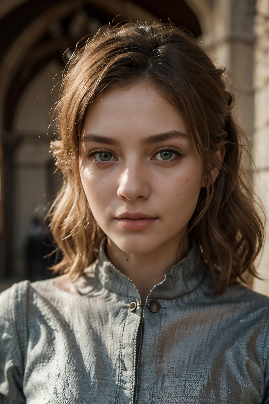 1girl, masterpiece, best quality, 8k, detailed skin texture, detailed cloth texture, beautiful detailed face, intricate details, ultra detailed, a european girl, green eyes, blonde curly hai, 3D character, Medieval Knight