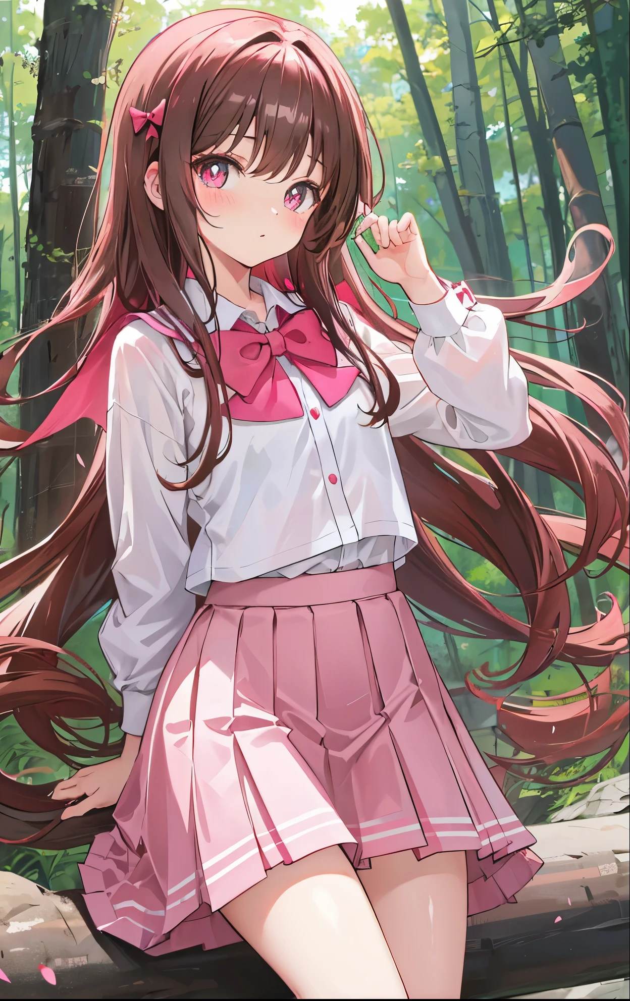 Shiny bright brown long hair，Stunning pink pupils，Cute little girl with a wow figure，White Jk school uniform soft and waxy texture，There is a red bow，Turquoise pleated skirt，There is a forest smell