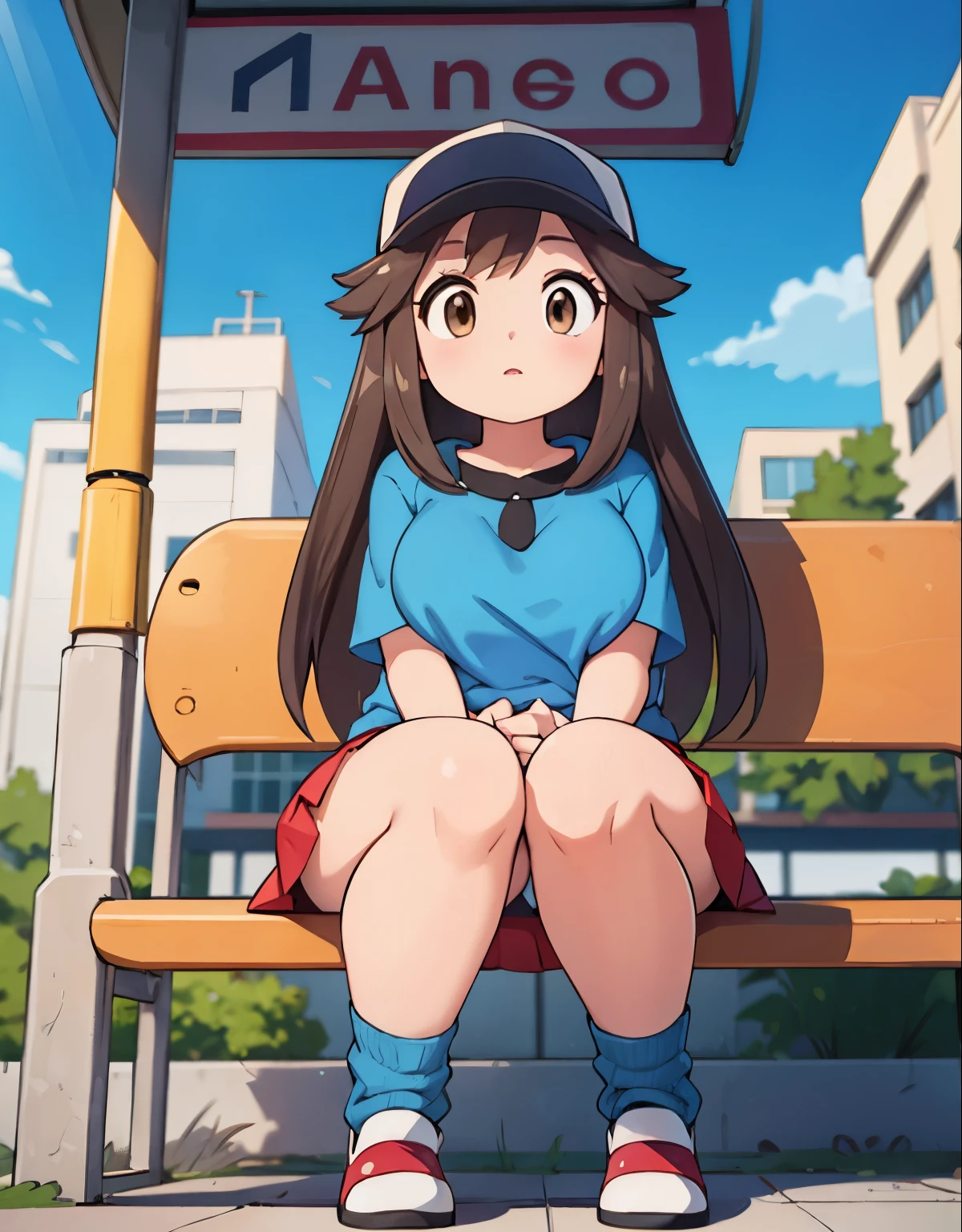 leaf pokemon sitting at a bus stop,focused,looking at a map,long hair,red skirt, blue shirt, brown eyes, loose socks, white footwear, upskirt, body shape, chubby thighs,confused, with a boyfriend,illustration,having a detailed face and expression,detailed hair,beautiful eyes and lips,daylight,urban landscape,clear sky,vivid colors,well-defined shadows