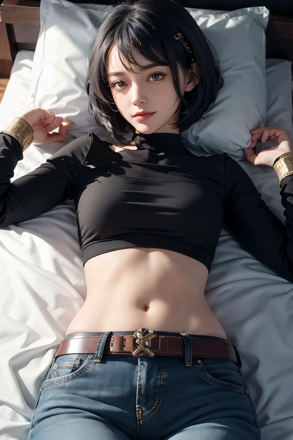 ((long sleeved top, long blue jeans, gold belt)), ((midriff, navel)), smile, looking at viewer, wooden bedroom, lying on bed, hands behind head, (cinematic lighting, best quality, masterpiece, high details, best quality, highres, HD, 4K, 8k, super detail), (kujou sara:1.3), mask on head, blue hair, short hair, yellow eyes, 