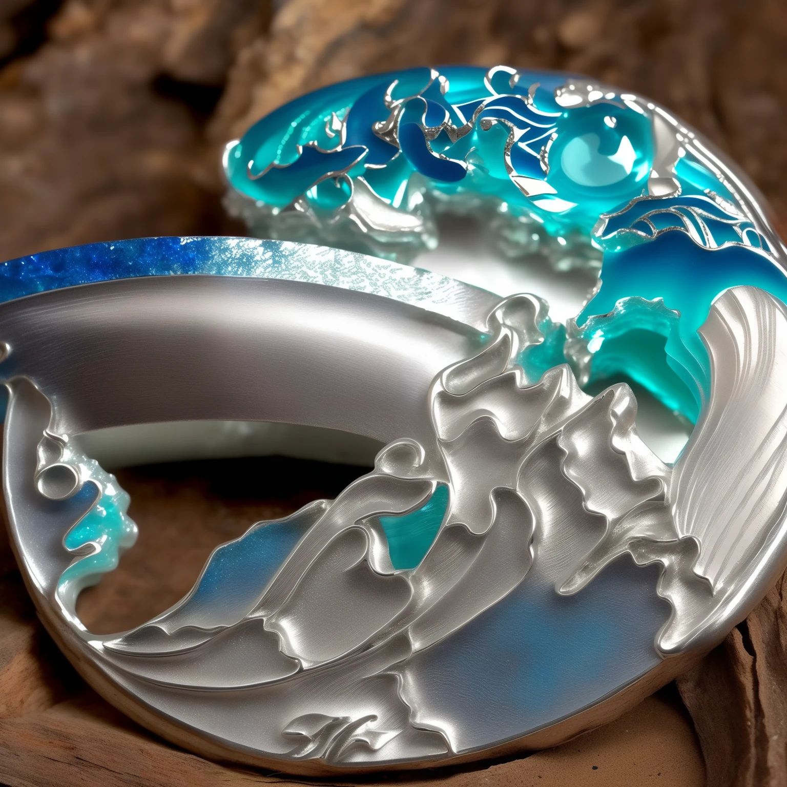 Wave crests and sea foam, Silver two-tone details, inlaid jewelry, , huge waves,,badge