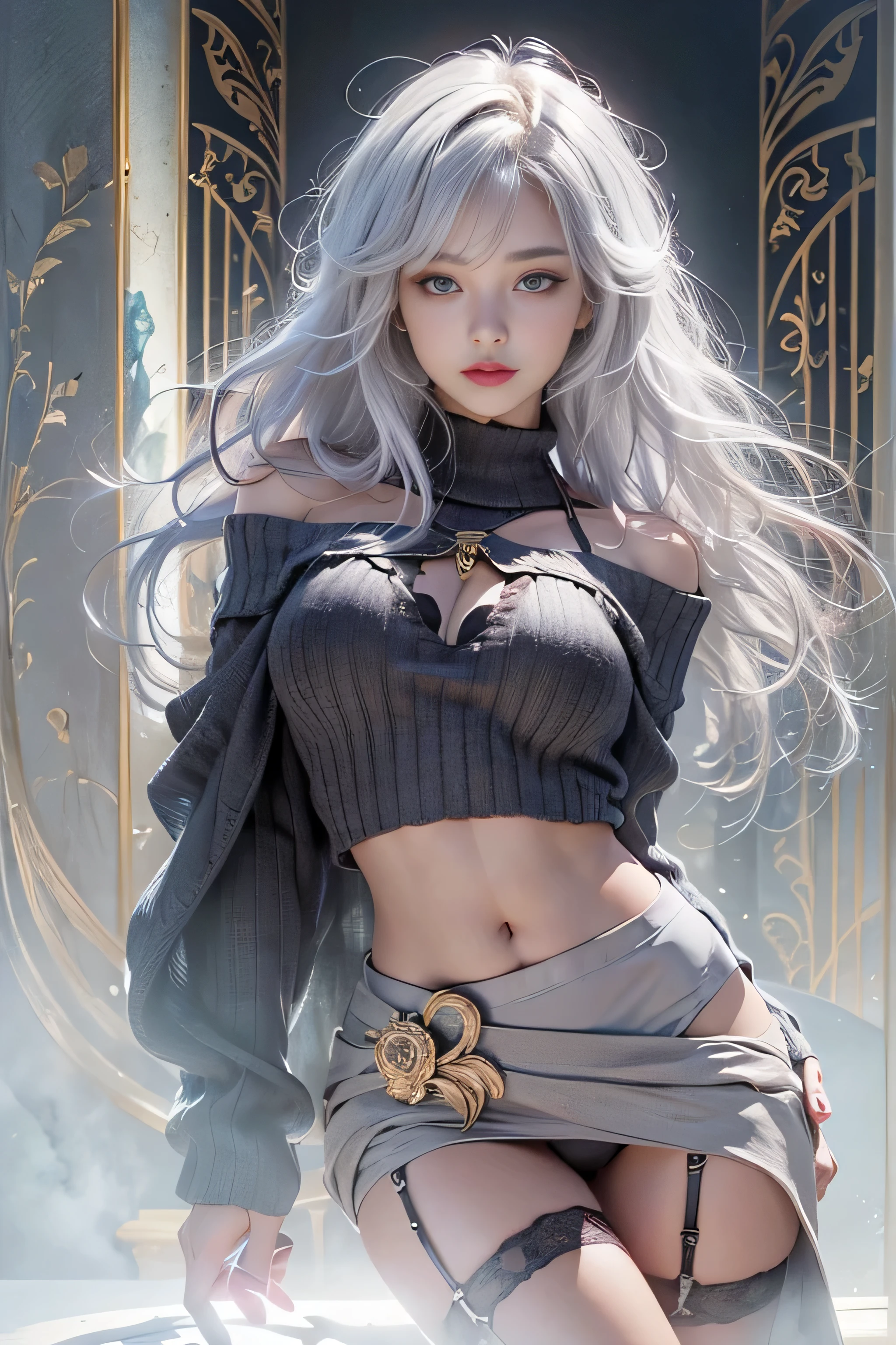 ((masterpiece:1.4)、(highest quality:1.4)、(realistic:1.7))、19 years old、(upper arm:1.4、two legs:1.4)、(perfect anatomy:1.4)、(perfect female body:1.4)、girl portrait photography、close up photo、full body shot、((table top:1.4), (highest qualityの:1.4), (realistic:1.7), Written by Luis Royo, beautiful girl, 超beautiful girl, ((1 girl:1. 4), Radiant natural skin texture, (perfect female body: 1.4), (perfect female body: 1.) 4), girl portrait photography, close up photo, (full body photo), fantasy art, soft front light, beautiful expression, cute face, beautiful breasts, big breasts: 1. 2, beautiful butt, fine eyes, Clear and eye-catching, beautiful and attractive, beautiful eyes, thin waist, RAW photo, red lips, ((gray hair, long hair)) , 1 screen display, ),((off-the-shoulder hand-knitted sweater))、((black tight skirt))、 (sexy posture), (milky way in the sky),((T-back pants))、((black garter and garter belt))、