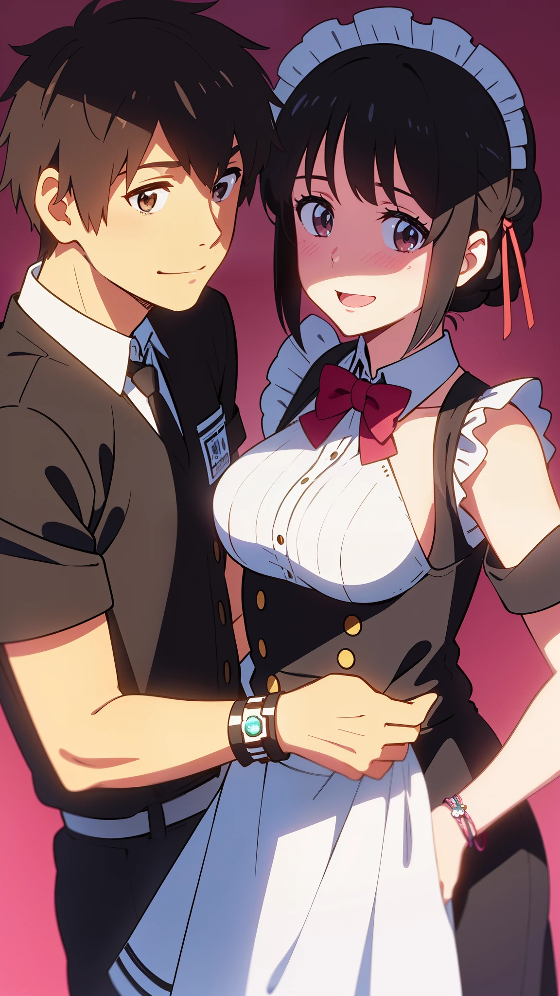 shinkai makoto, kimi no na wa., 1girl, 1boy, bangs, black hair, blush, brown eyes, (boy wear Suspender Clothes), ((girl wear maid dress, maid, apron, maid headdress, short dress, Off-the-shoulders)), bow, ribbon, short hair, smile, open mouth, looking at the viewer, cute, love, heart, couple, adorable, dating, bracelet, upper body, valentine background, Valentine's Day