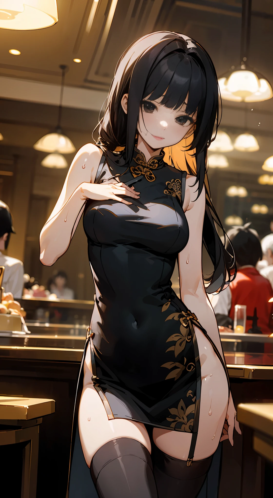 1woman solo,cowboy shot,20 year old beauty、black hair,long  hair,blunt  bangs,black eyes,shy look、slender body, ideal ratio body proportions,medium breasts,gleaming skin,Perfect Anatomy,standing,sweat,((black cheongsam dress、sleeveless、short length and deep slit、thigh_gap, black_thighhighs)),large crowd of people、large crowd of peopleはぼやかす、party venue、luxury hotel、indoor lighting、