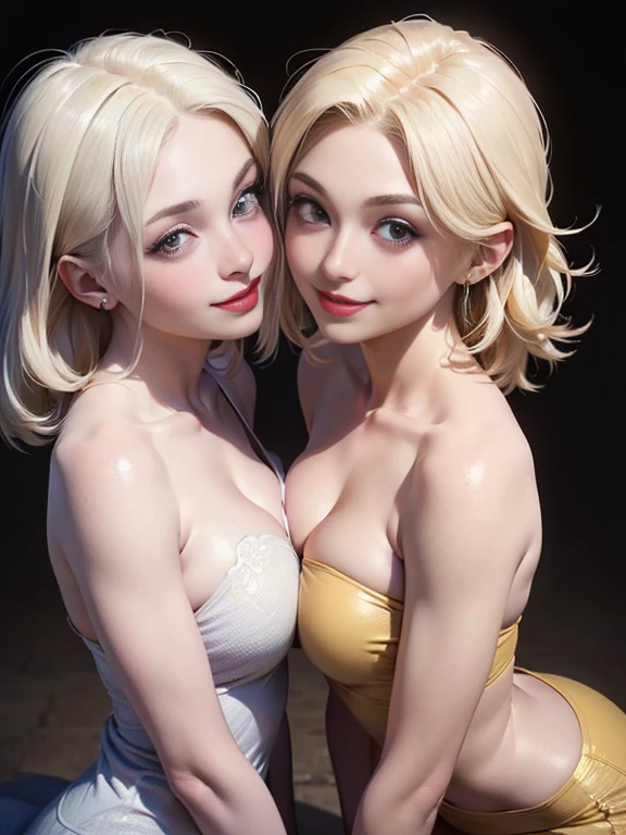 (best quality, 8k, highres, photorealistic:2.0), (two girls:2.0),(lighting: front),(lighting: strong),(ultimate beautiful girl:2.0),(shiny skin),(oily skin),(platinum blonde hair:1.5),Blush brown makeup , dark eye makeup , use pink glossy lipstick,(big eyes girl:1.5),(girl amazing sex appeal:1.5),(lesbian partner:1.5),(two people who love each other very much),(look at each other with a smile:1.5),(Flirty showing off to the viewer:1.3),(wearing casual clothes),(touch each other's bodies:1.5),(flirting boldly)