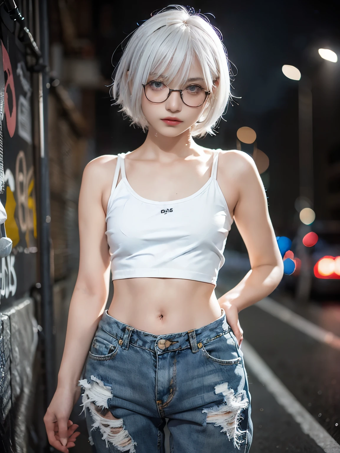raw photo, 8k, (top-quality), Realistic, (real picture, Intricate details), (natural skin texture, detailed skin, hyper realism, sharpness), (Japanese teenage girl standing in a dirty back alley at night, graffitied wall:1.3, hands in pockets), ((tight white tank top, Distressed denim pants, low rise baggy pants)), (((flat chest:1.5))), (pale skin), ((white hair, shorthair, short bangs)), (glasses, seductive face, Parted lips:1.3), graffiti:1.5, trash can, night time, spot lighting:1.3, Full body shot