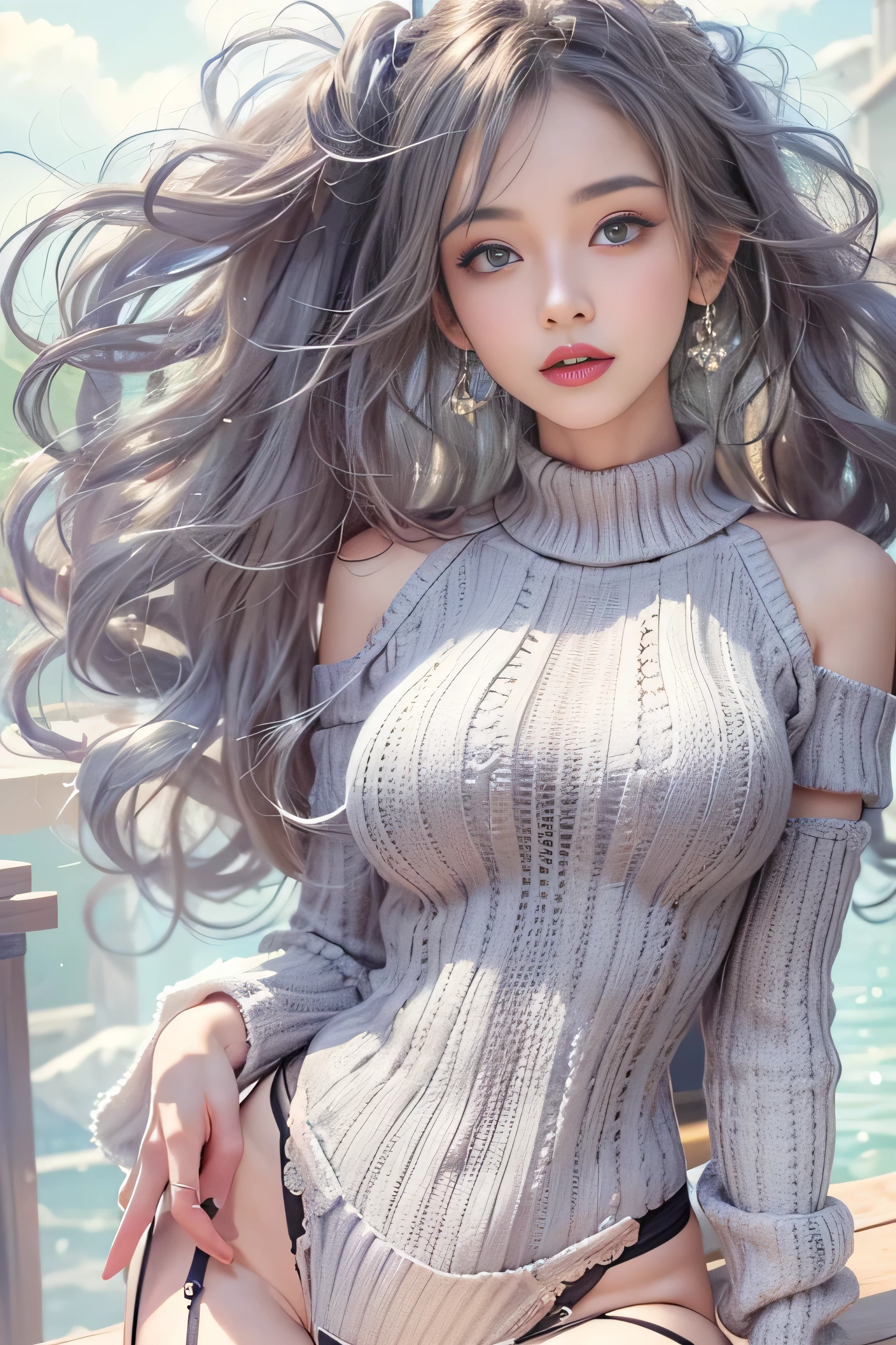 ((masterpiece:1.4)、(highest quality:1.4)、(realistic:1.7))、19 years old、(upper arm:1.4、two legs:1.4)、(perfect anatomy:1.4)、(perfect female body:1.4)、girl portrait photography、close up photo、full body shot、((table top:1.4), (highest qualityの:1.4), (realistic:1.7), Written by Luis Royo, beautiful girl, 超beautiful girl, ((1 girl:1. 4), Radiant natural skin texture, (perfect female body: 1.4), (perfect female body: 1.) 4), girl portrait photography, close up photo, (full body photo), fantasy art, soft front light, beautiful expression, cute face, beautiful breasts, big breasts: 1. 2, beautiful butt, fine eyes, Clear and eye-catching, beautiful and attractive, beautiful eyes, thin waist, RAW photo, red lips, ((gray hair, long hair)) , 1 screen display, ),((off-the-shoulder hand-knitted sweater))、((black tight skirt))、 (sexy posture), (milky way in the sky),((T-back pants))、((black garter and garter belt))、(laughter)、((膣兰))、(())
