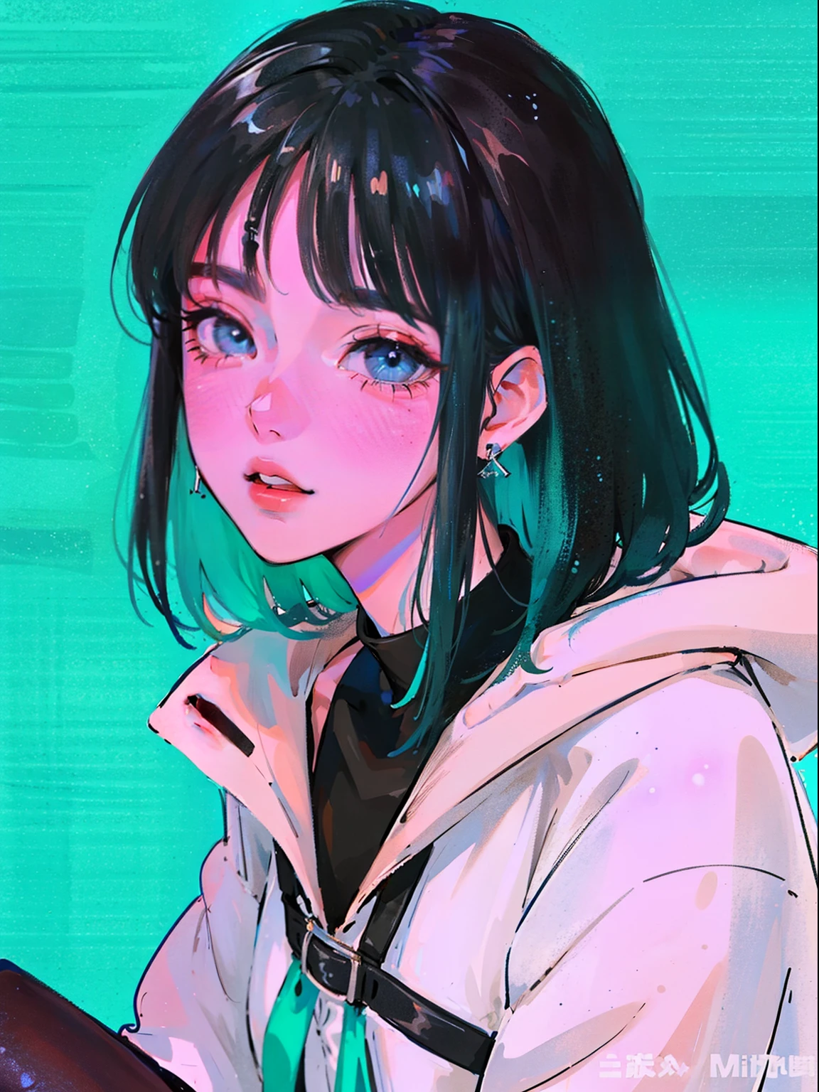 (portrait:1.4), (table top:1.2, highest quality:1.2), bottom up, whole body, One girl with short black hair with bangs, Blue Highlights, alone, look down, face focus, Extreme facial details, cool eyes, highly detailed eyes, Good looking, compensate, finger on lips, blue eyes, thin, slim, white fur coat, black tights, earrings, (Marco) Cafe)