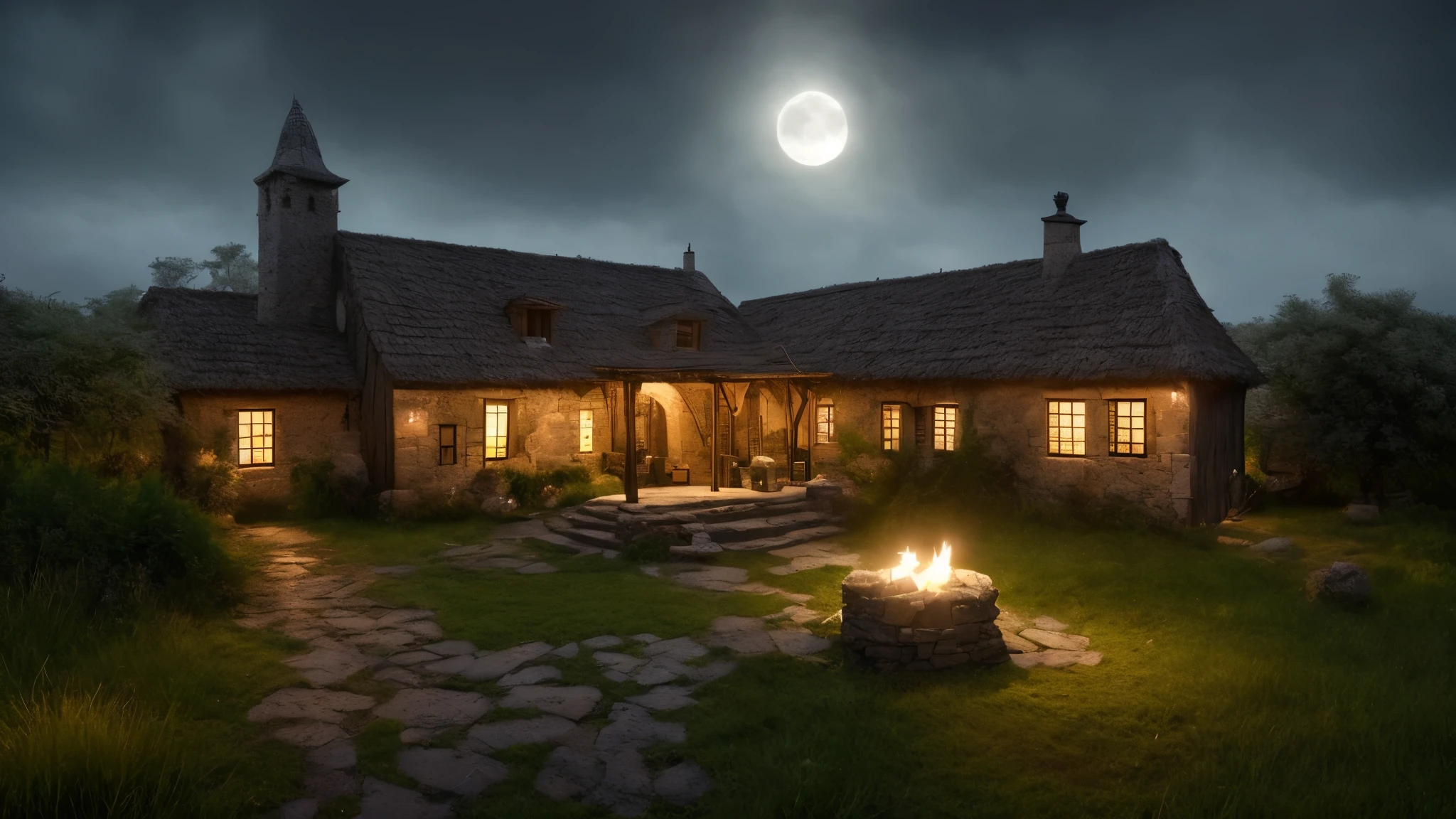 Claro, here is the prompt with more medieval details:

"Develop a high-quality image with artificial intelligence, with advanced levels of detail and cinematic style. The scene will depict a house in a medieval village at night.. The sky will be starry, com uma neblina baixa em volta da casa. The house will be simple and typical of Scottish medieval times., built with stones and wood, com um telhado de palha inclinado. It will be located on a muddy street, iluminada apenas por tochas ao longo do caminho. The scene will be full of fireflies, Adding a magical touch to the landscape. A big full moon will be present, com nuvens ao redor, illuminating the grassy plain. The vegetation will consist of low, dense grass, envolta em neblina. Um cachorro velho, with a rustic look, will be walking through the grass, adding life to the scene. The house&#39;s chimney will be releasing smoke, and a dim light will be on inside the house, revealing rustic wooden furniture and candles. Ao fundo, there will be a small river, completando a atmosfera tranquila do vilarejo. The image will have a Scottish medieval film style, being cinematic and high resolution, ensuring the best possible quality."