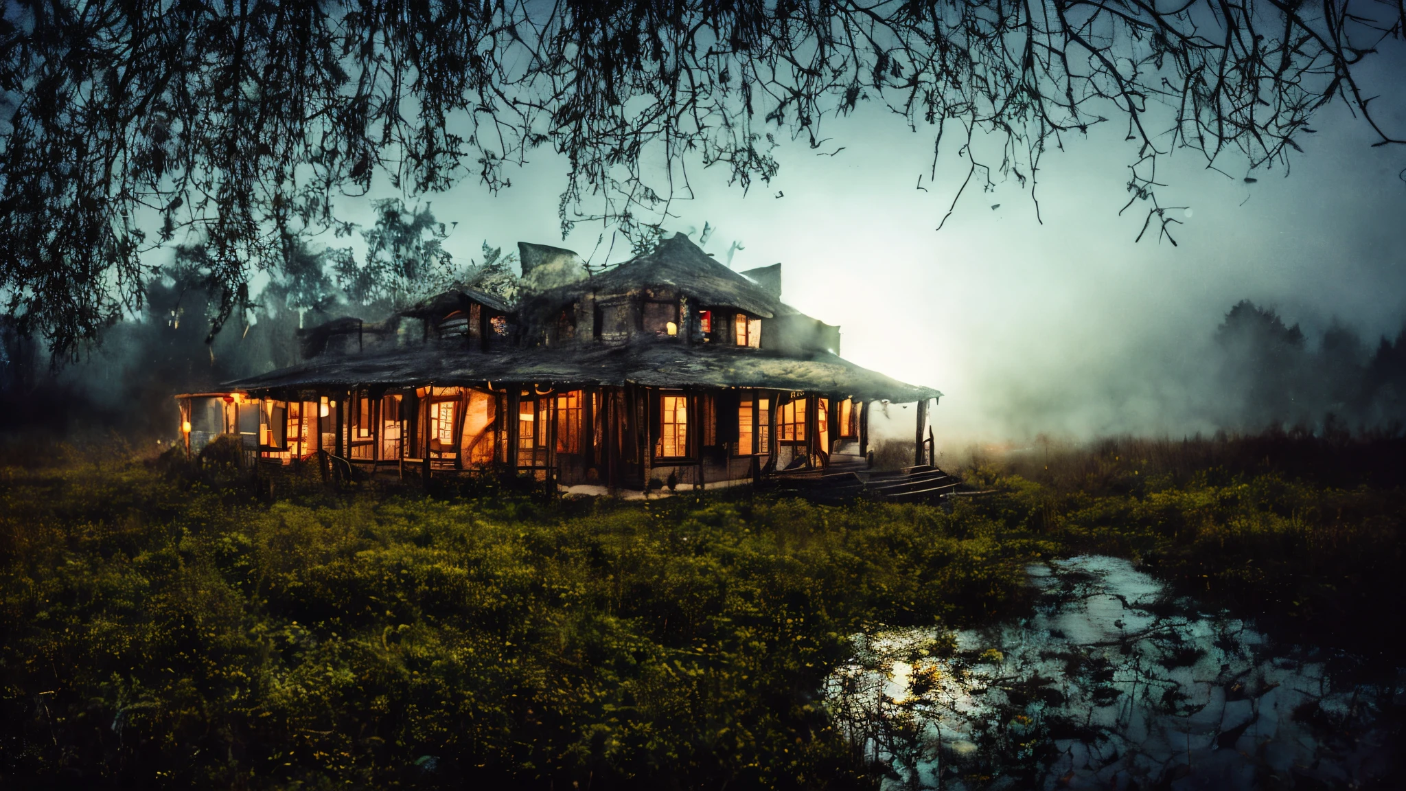 Claro, here is the prompt with more medieval details:

"Develop a high-quality image with artificial intelligence, with advanced levels of detail and cinematic style. The scene will depict a house in a medieval village at night.. The sky will be starry, com uma neblina baixa em volta da casa. The house will be simple and typical of Scottish medieval times., built with stones and wood, com um telhado de palha inclinado. It will be located on a muddy street, iluminada apenas por tochas ao longo do caminho. The scene will be full of fireflies, Adding a magical touch to the landscape. A big full moon will be present, com nuvens ao redor, illuminating the grassy plain. The vegetation will consist of low, dense grass, envolta em neblina. Um cachorro velho, with a rustic look, will be walking through the grass, adding life to the scene. The house&#39;s chimney will be releasing smoke, and a dim light will be on inside the house, revealing rustic wooden furniture and candles. Ao fundo, there will be a small river, completando a atmosfera tranquila do vilarejo. The image will have a Scottish medieval film style, being cinematic and high resolution, ensuring the best possible quality."