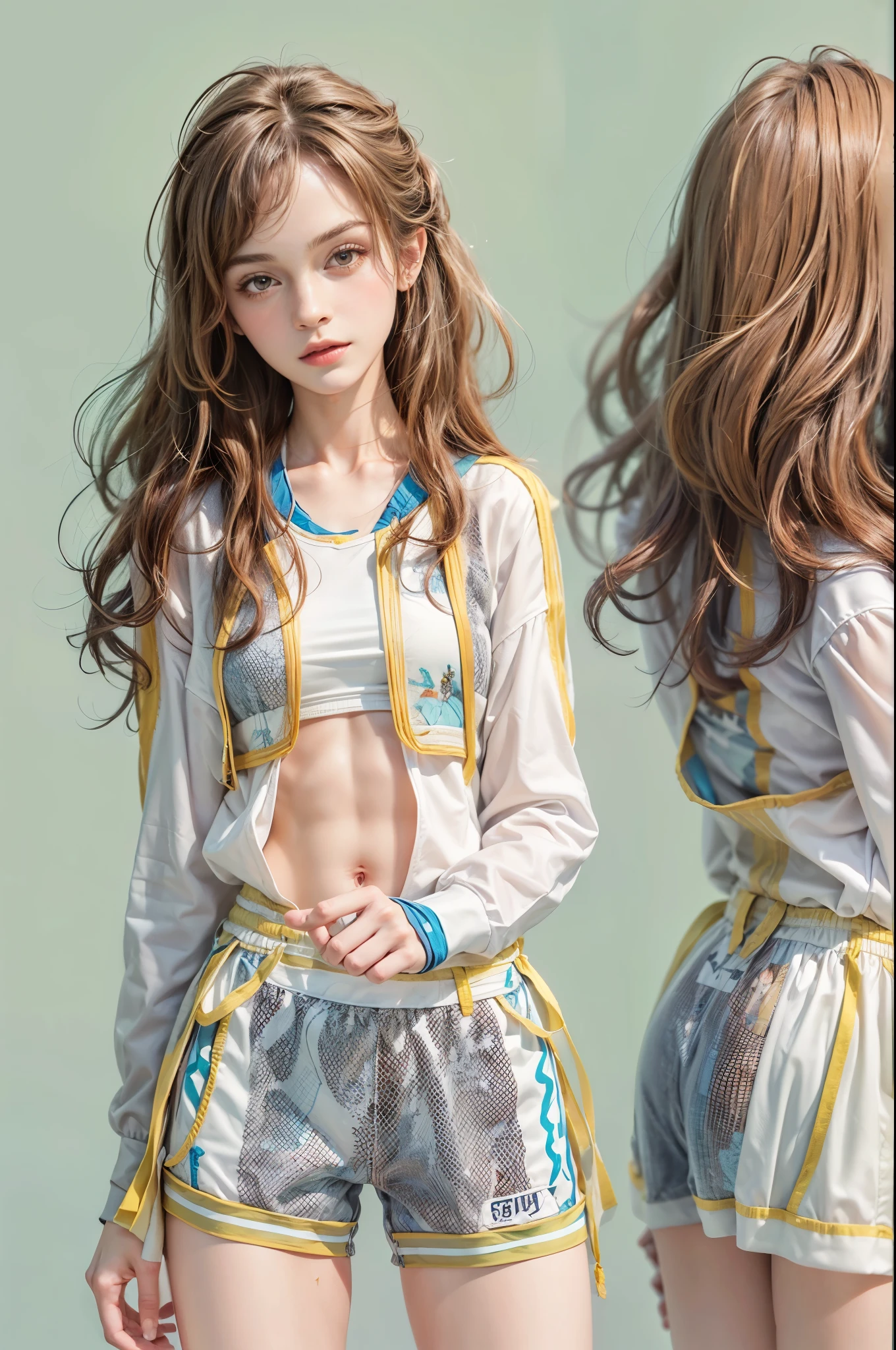 masterpiece, best quality, high quality, High definition, High quality texture, High quality shadow, high detail, beautiful detailed, finely detailed, extremely detailed cg, detailed texture, a realistic representation of the face, realistic, colorful, delicate, sharp focus, (intricate details, makeup, PureErosFace_V1:0.5), (detailed beautiful delicate face, detailed beautiful delicate eyes, a face of perfect proportion, high detailed skin, detailed skin, best ratio four finger and one thumb, skiny and thin:1.3), 1girl, 17 years old, tall, (smooth_abs:1.55), (abs:0.5), pretty, masterpiece, highres, (long_skinny_legs), (straight_legs), (skinny_waist), (((fair skin))), white skin, (((pale skin))), sports Bandeau, (school_uniform:swim_suits:0.5), yellow shorts, standing legs apart, chestnut brown hair, looking at viewer, yellow sports shoes, glasses, (Emma_watson), big_breast, (((Caucasian)))