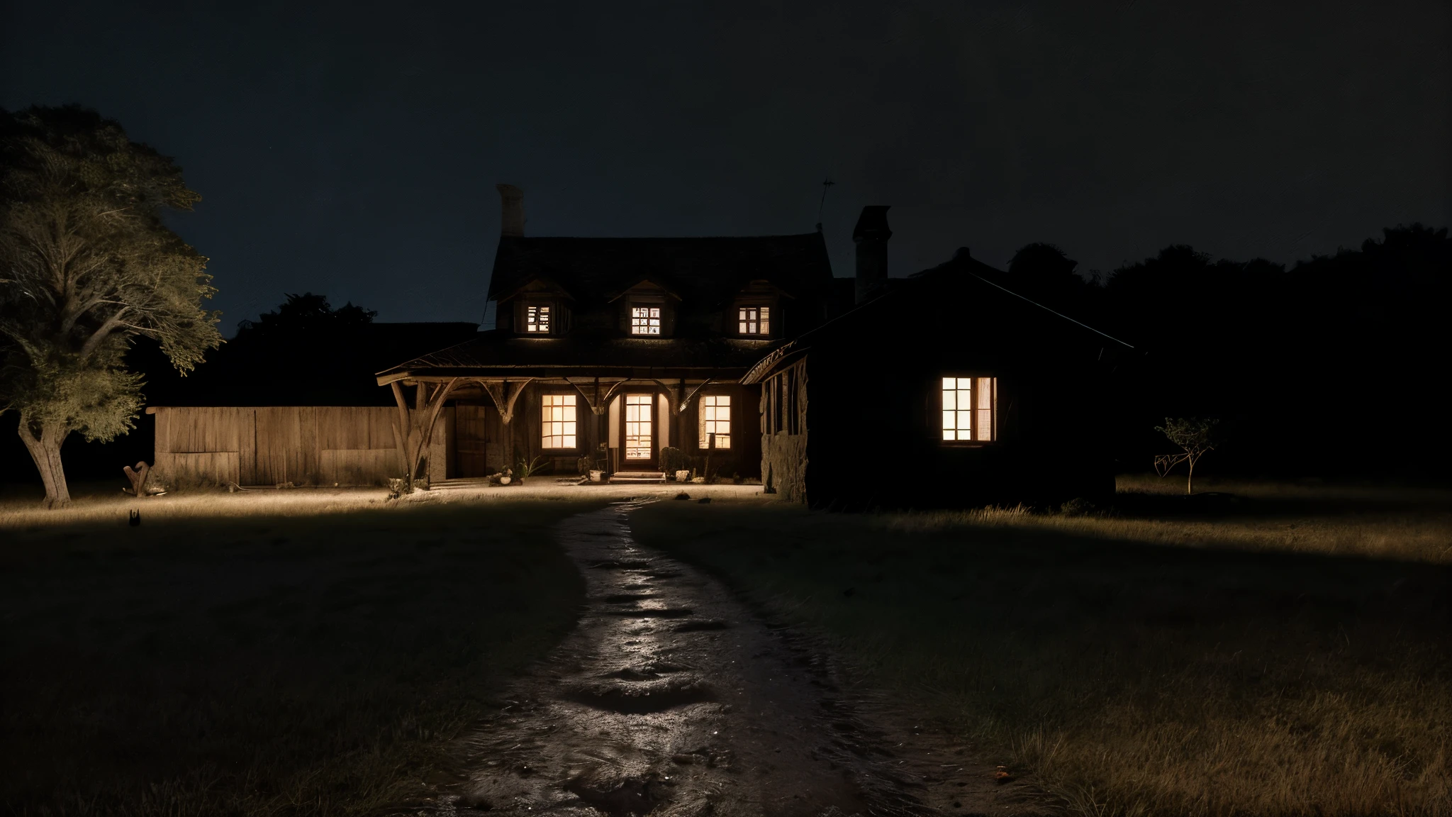 Claro, here is the prompt with more medieval details:

"Develop a high-quality image with artificial intelligence, with advanced levels of detail and cinematic style. The scene will depict a house in a medieval village at night.. The sky will be starry, com uma neblina baixa em volta da casa. The house will be simple and typical of Scottish medieval times., built with stones and wood, com um telhado de palha inclinado. It will be located on a muddy street, iluminada apenas por tochas ao longo do caminho. The scene will be full of fireflies, Adding a magical touch to the landscape. A big full moon will be present, com nuvens ao redor, illuminating the grassy plain. The vegetation will consist of low, dense grass, envolta em neblina. Um cachorro velho, with a rustic look, will be walking through the grass, adding life to the scene. The house&#39;s chimney will be releasing smoke, and a dim light will be on inside the house, revealing rustic wooden furniture and candles. Ao fundo, there will be a small river, completando a atmosfera tranquila do vilarejo. The image will have a Scottish medieval film style, being cinematic and high resolution, ensuring the best possible quality."