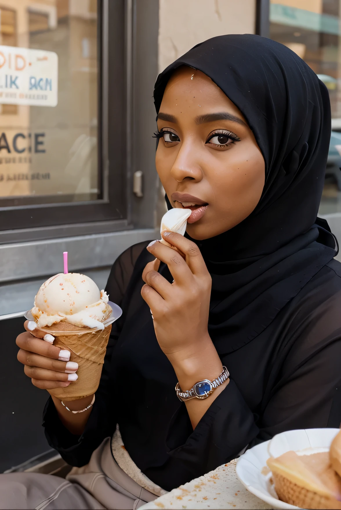 a beautiful realistic somali hijabi lady 25 years old eating ice cream