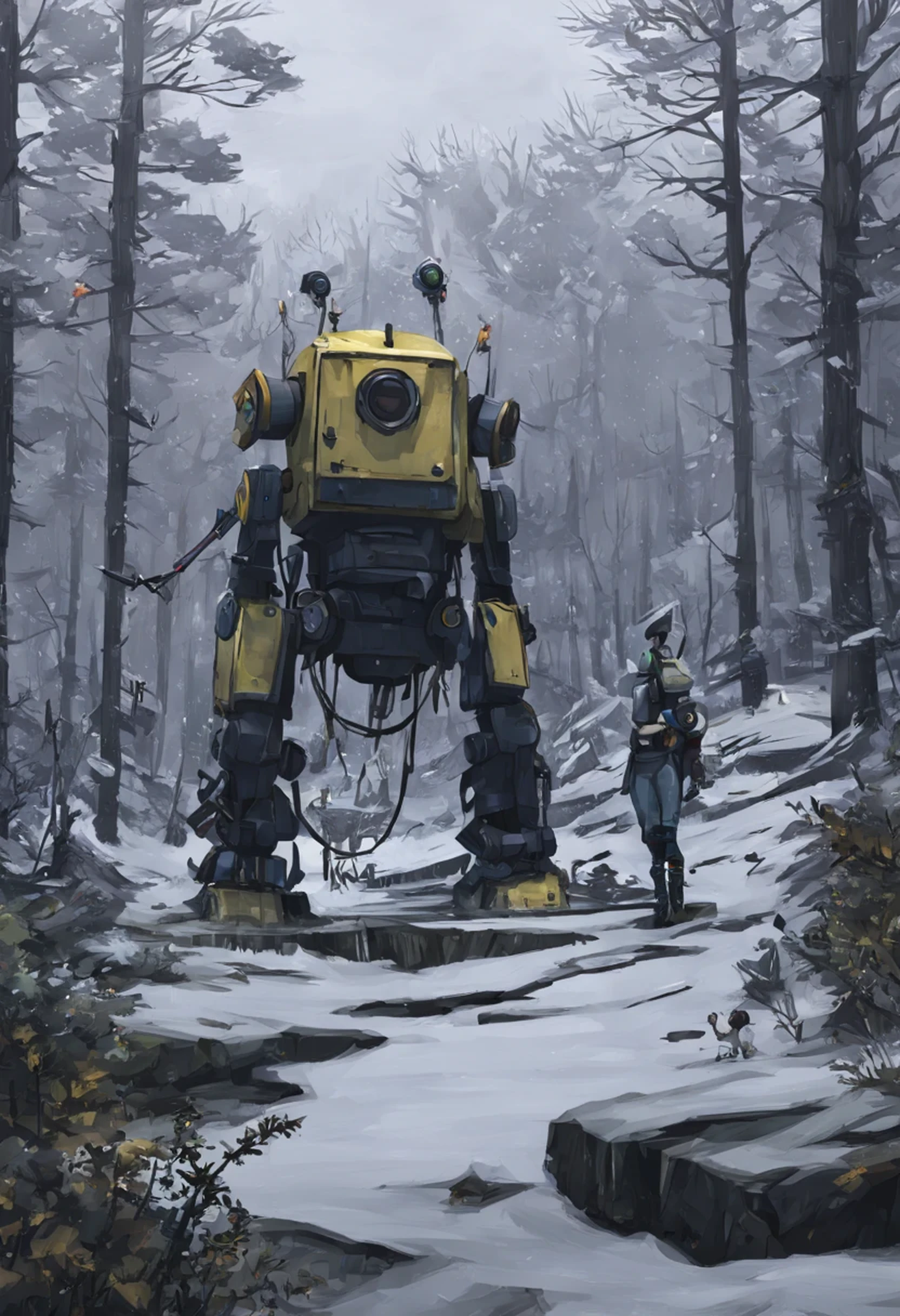 ssta, sea, 3 characters, forest, winter, robots, ruins