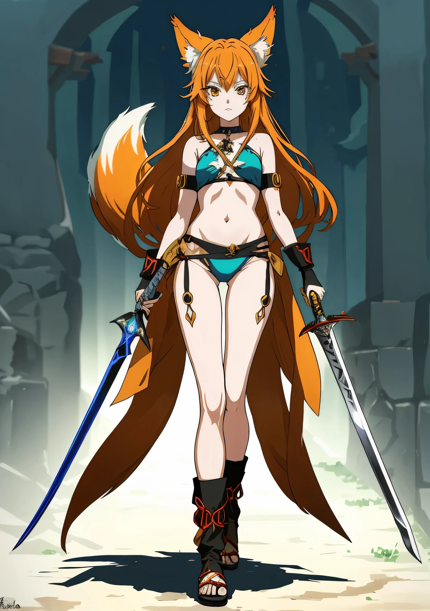 garota de anime com uma espada e uma fantasia de coiote, she is holding a sword, coiote e arbusto, armadura inspirada em kitsune, coiote, com espada grande, coiote e arbusto holding a naginata, personagem de videogame katana zero, holo is a coyote girl, Estilo de arte de Guilty Gear, holo se uma coiote