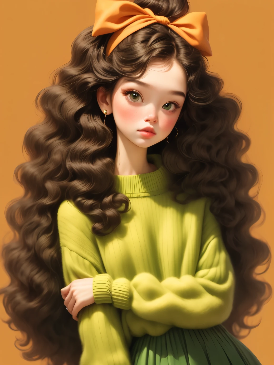 (masterpiece, best quality:1.2).1 beautiful girl，Skin detail processing，The eyes are finely described，Delicate hair，fluffy hair，long hair，wavy hair，Loose and slouchy sweater，Geometric patterns，Sweater details，hairy，Warm，skirt，Retro contrasting colors，clean background，green，blue，red，