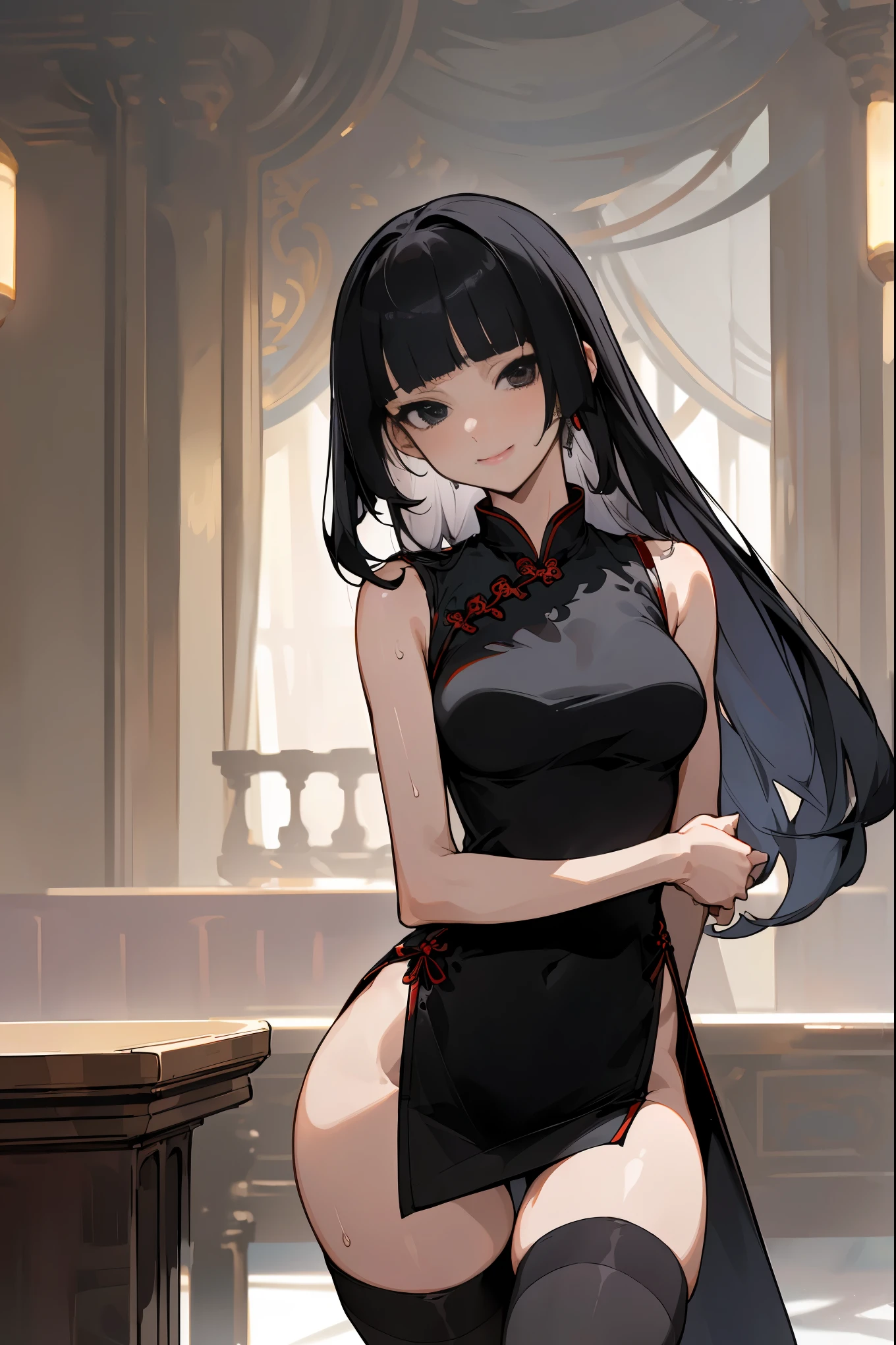 1woman solo,cowboy shot,20 year old beauty、black hair,long  hair,blunt  bangs,black eyes,shy look,a smile,slender body, ideal ratio body proportions,medium breasts,gleaming skin,Perfect Anatomy,standing,sweat,((black cheongsam dress、sleeveless、short length and deep slit、thigh_gap, black_thighhighs)),large crowd of people、large crowd of peopleはぼやかす、party venue、luxury hotel、indoor lighting、