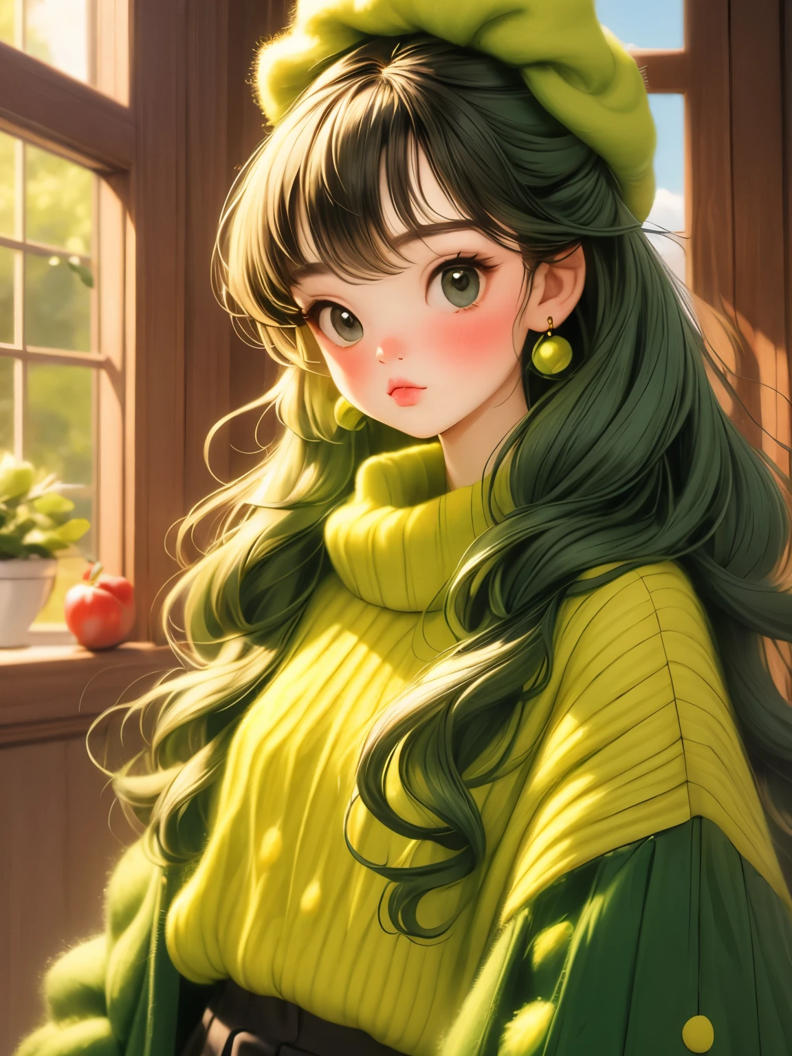 (masterpiece, best quality:1.2),2 beautiful girls,Skin detail processing,The eyes are finely described,Delicate hair,fluffy hair,long hair,wavy hair,Loose and slouchy sweater,Geometric patterns,Sweater details,hairy,Warm,skirt,Retro contrasting colors,clean background,green,blue,red,