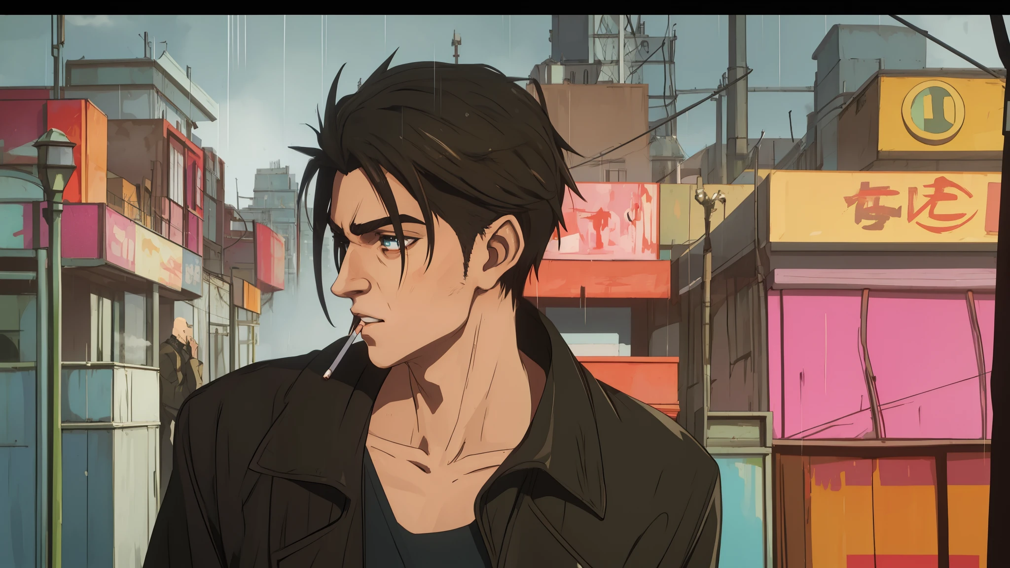 Anime guy standing in the rain smoking, There are drops of pop art on his face, still from anime, portraite of a, Hand holding cigarette, Eyes look into the distance, profile, waist up portrait, dark colored hair, sadly, Partial Color Saturation, City Street, urban style