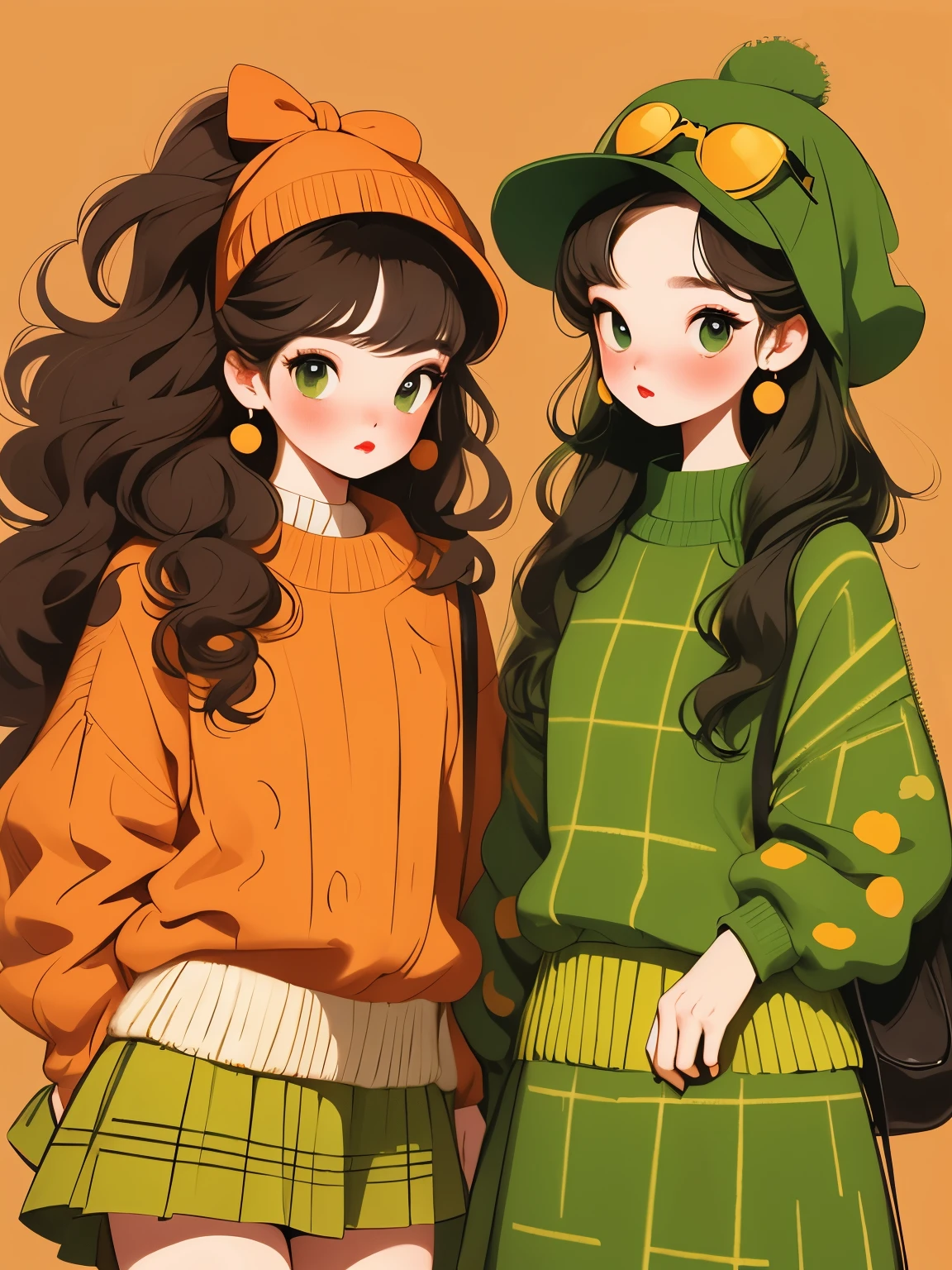 (masterpiece, best quality:1.2),2 beautiful girls,Skin detail processing,The eyes are finely described,Delicate hair,fluffy hair,long hair,wavy hair,Loose and slouchy sweater,Geometric patterns,Sweater details,hairy,Warm,skirt,Retro contrasting colors,clean background,green,blue,red,