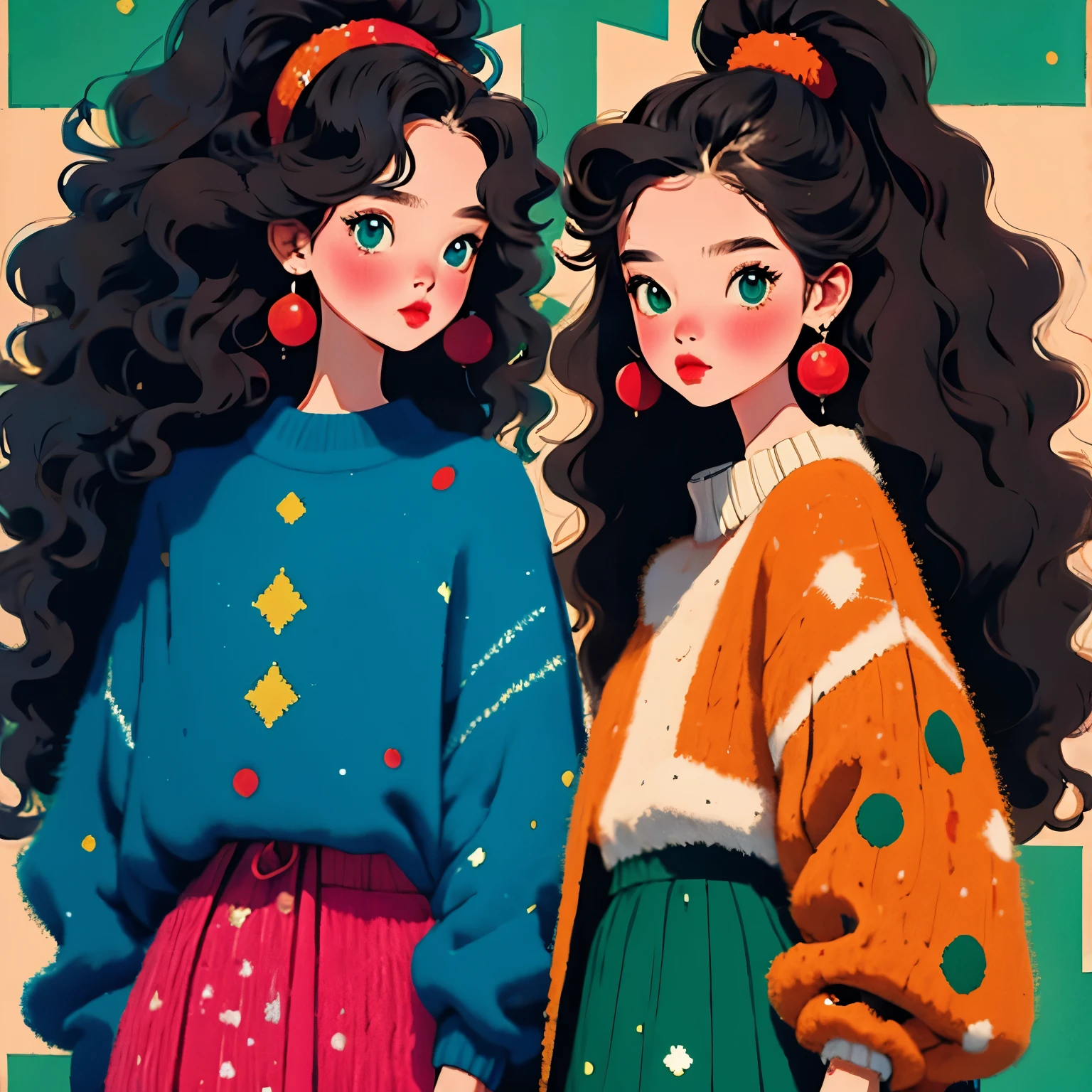 (masterpiece, best quality:1.2),2 beautiful girls，Skin detail processing，The eyes are finely described，Delicate hair，fluffy hair，long hair，wavy hair，Loose and slouchy sweater，Geometric patterns，Sweater details，hairy，Warm，skirt，Retro contrasting colors，clean background，green，blue，red，