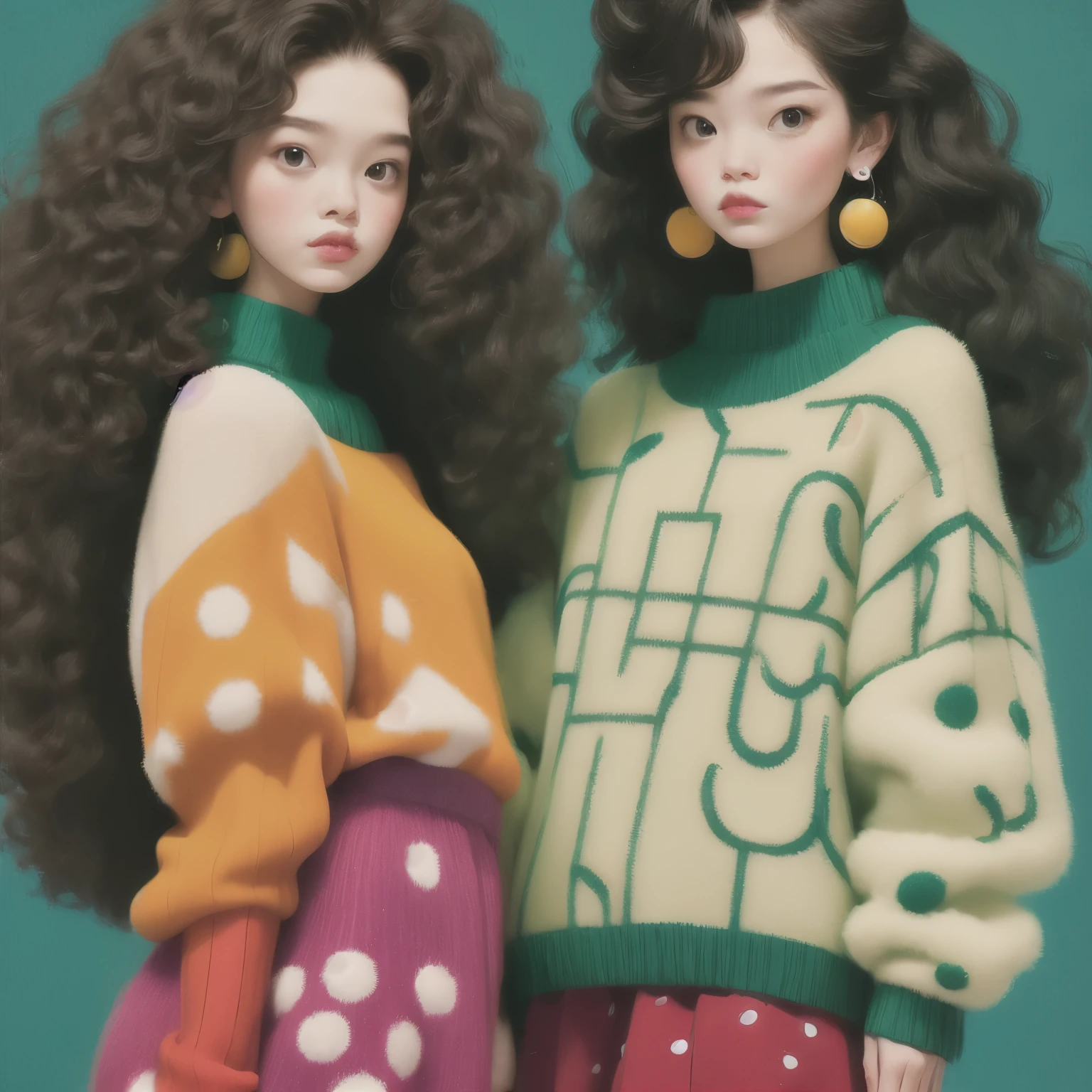 (masterpiece, best quality:1.2),2 beautiful girls,Skin detail processing,The eyes are finely described,Delicate hair,fluffy hair,long hair,wavy hair,Loose and slouchy sweater,Geometric patterns,Sweater details,hairy,Warm,skirt,Retro contrasting colors,clean background,green,blue,red,