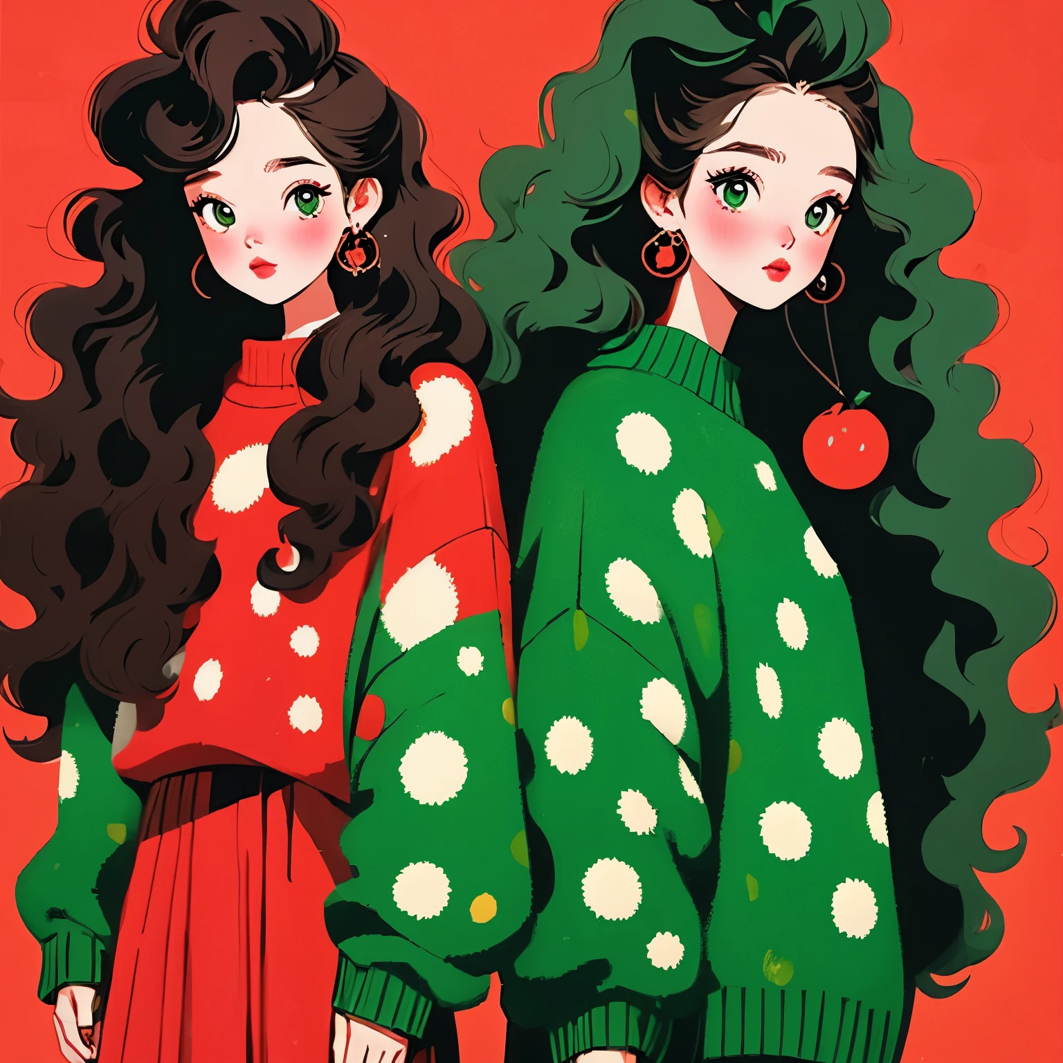 (masterpiece, best quality:1.2),2 beautiful girls,Skin detail processing,The eyes are finely described,Delicate hair,fluffy hair,long hair,wavy hair,Loose and slouchy sweater,Geometric patterns,Sweater details,hairy,Warm,skirt,Retro contrasting colors,clean background,green,blue,red,