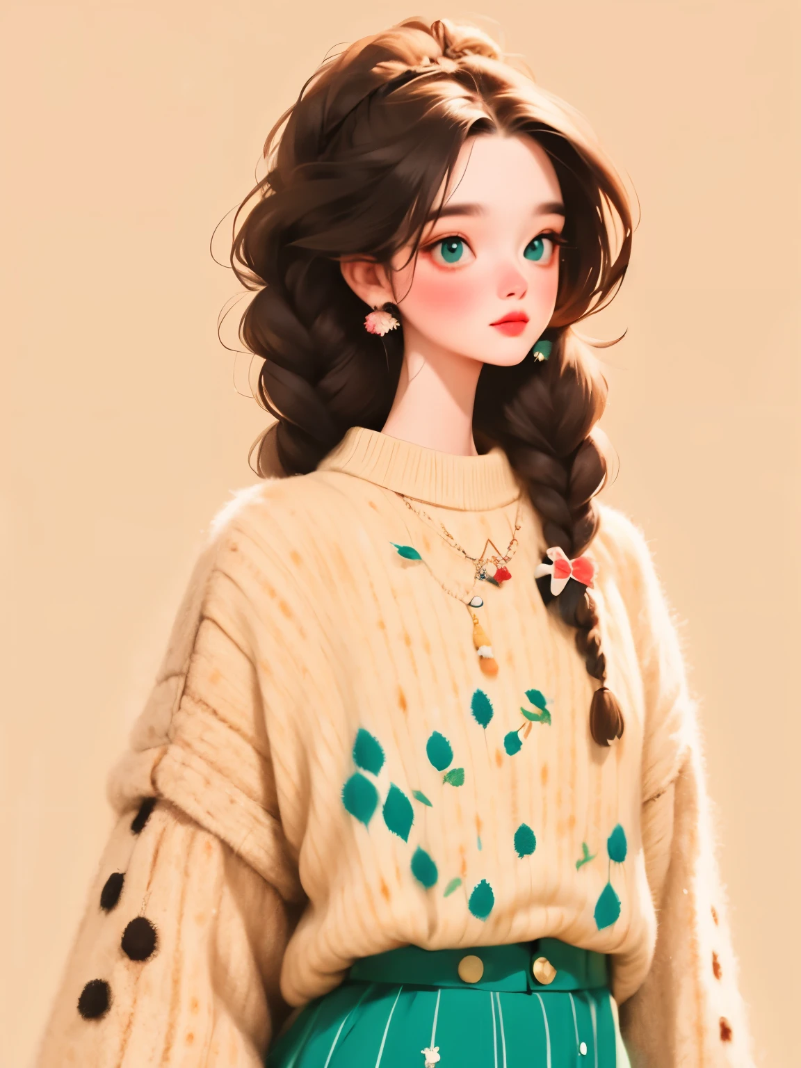 (masterpiece, best quality:1.2),illustration art，watercolor，black irregular lines，a beautiful girl，Skin detail processing，The eyes are very detailed，fine hair，Twist braids，Loose and lazy sweater，White geometric pattern，Sweater details，hairy，Warm，similar to skirt，Retro contrasting colors，Flower brooch，clean background，green，blue，Red，
