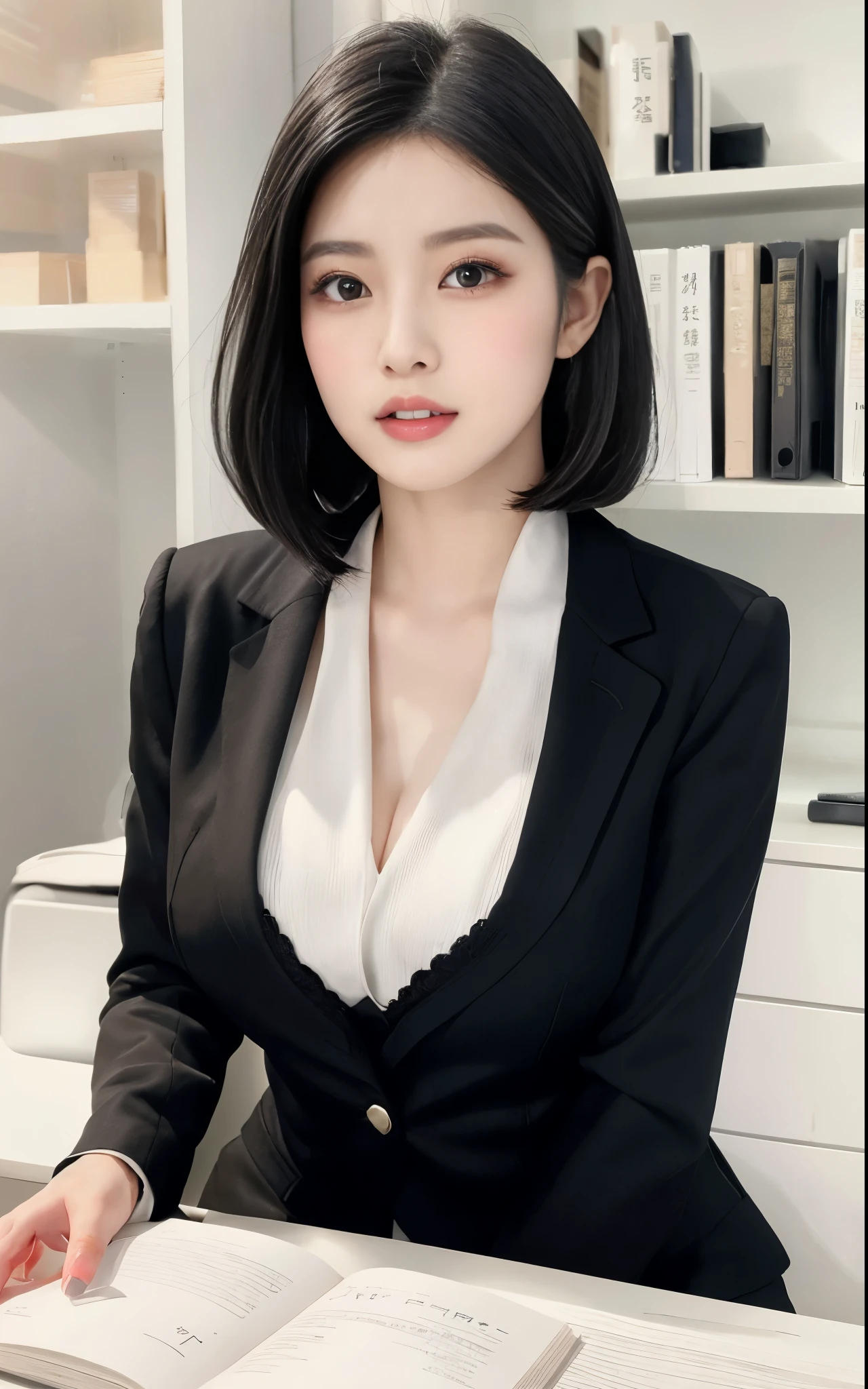 Woman in black jacket sitting at desk，holding open book in hand, Gorgeous Chinese model, Japanese character model,(((beautiful face))),(((big eyes))),(((beautiful eyes))),(((long eyelashes))),((Beautiful tooth arrangement)),Wearing a strict suit, wearing a suit, wearing black suit, Beautiful young Korean woman, Wearing a black noble suit, Wearing a strict suit, korean girl, wearing a tight suit, beautiful korean woman, wearing a suit, japanese goddess, beautiful asian girl, wear glasses