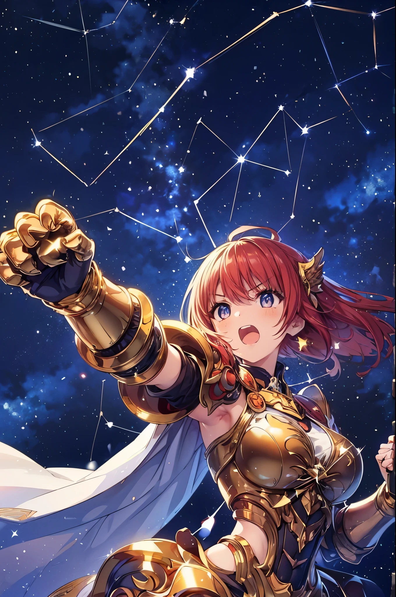 (masterpiece), best quality, ultra detailed, expressive eyes, perfect face, 1girl, solo, girl wearing golden armor shines in gold, golden headdress , golden heels, glaring,red_hair, (short hair with long locks), posing in ((fighting stance)), raises the fist and shouts, full-body portrait with a starry sky and a big (constellation star map:1) in the background, starry sky, (night:1.3) sky, detailed night sky,diffuse reflection, (Milky Way:0.7), ((distance)),zodiac sign