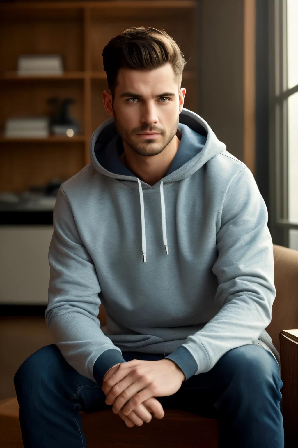 A highly detailed and hyper-realistic image of a man wearing a sweatshirt, sitting thoughtfully with a contemplative expression, bright lights illuminating the scene, 8K resolution.

Or:

A photographic depiction of a man in a sweatshirt, sitting motionlessly and introspective, with a cinematic level of detail, digital art style reminiscent of Zbrush, 8K resolution.

Alternatively:

A realistic portrait of a man clad in a sweatshirt, displayed in a seated position, gazing intently forward, with superb detail and high-definition clarity, 8K resolution.