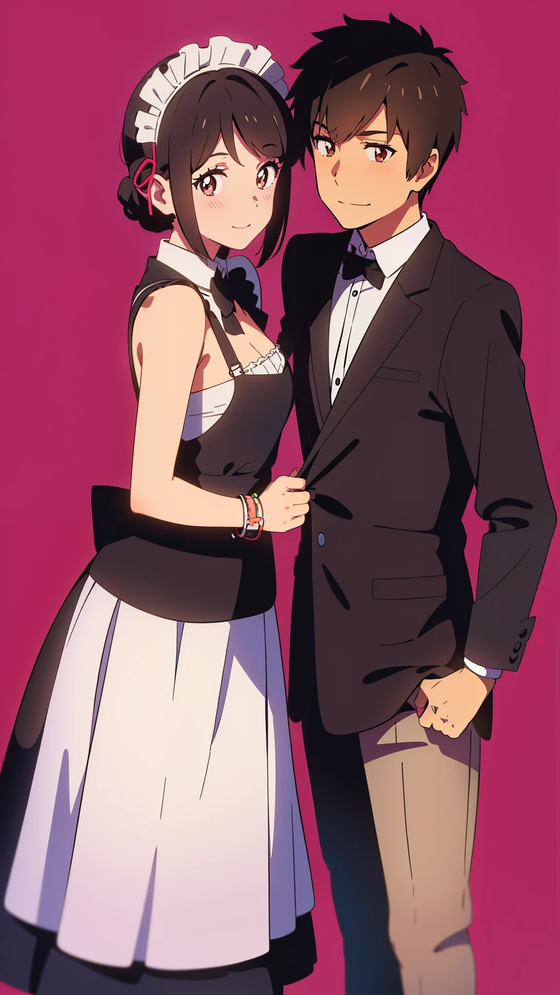 shinkai makoto, kimi no na wa., 1girl, 1boy, bangs, black hair, blush, brown eyes, (boy wear Suspender Clothes), ((girl wear maid dress, maid, apron, maid headdress, short dress, Off-the-shoulders)), bow, ribbon, short hair, smile, open mouth, looking at the viewer, cute, love, heart, couple, adorable, dating, bracelet, valentine background, Valentine's Day