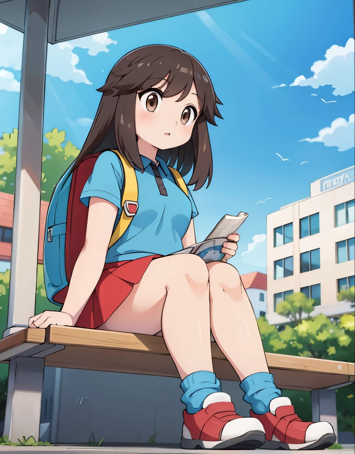 leaf pokemon sitting at a bus stop,focused,looking at a map,red skirt, blue shirt, brown eyes, long hair, long legs, loose socks, white footwear, upskirt, body shape, chubby thighs,a backpack beside her,confused,illustration,having a detailed face and expression,detailed hair,beautiful eyes and lips,daylight,urban landscape,clear sky,vivid colors,well-defined shadows