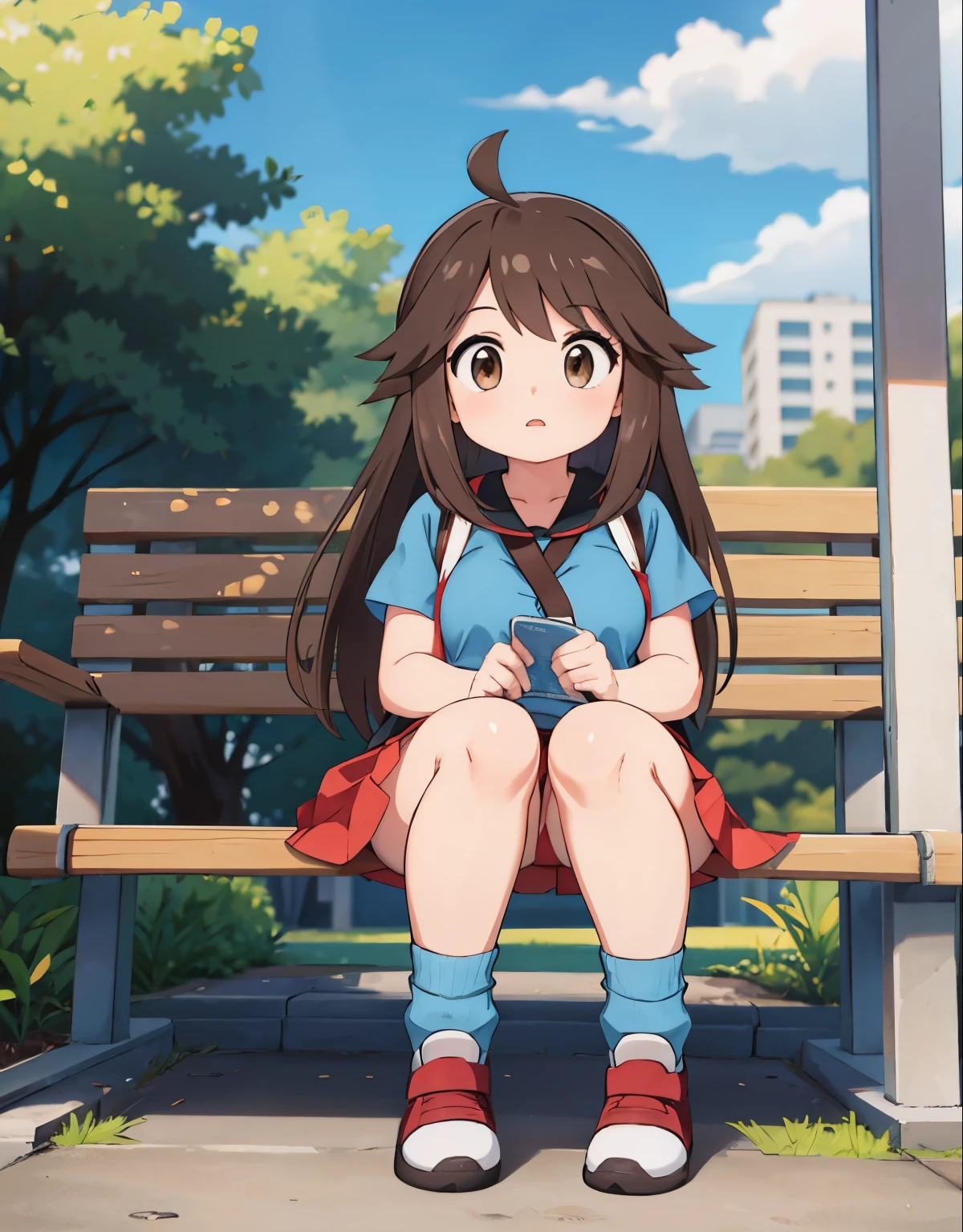 leaf pokemon sitting at a bus stop,focused,looking at a map,red skirt, blue shirt, brown eyes, long hair, long legs, loose socks, white footwear, upskirt, body shape, chubby thighs,a backpack beside her,confused,illustration,having a detailed face and expression,detailed hair,beautiful eyes and lips,daylight,urban landscape,clear sky,vivid colors,well-defined shadows