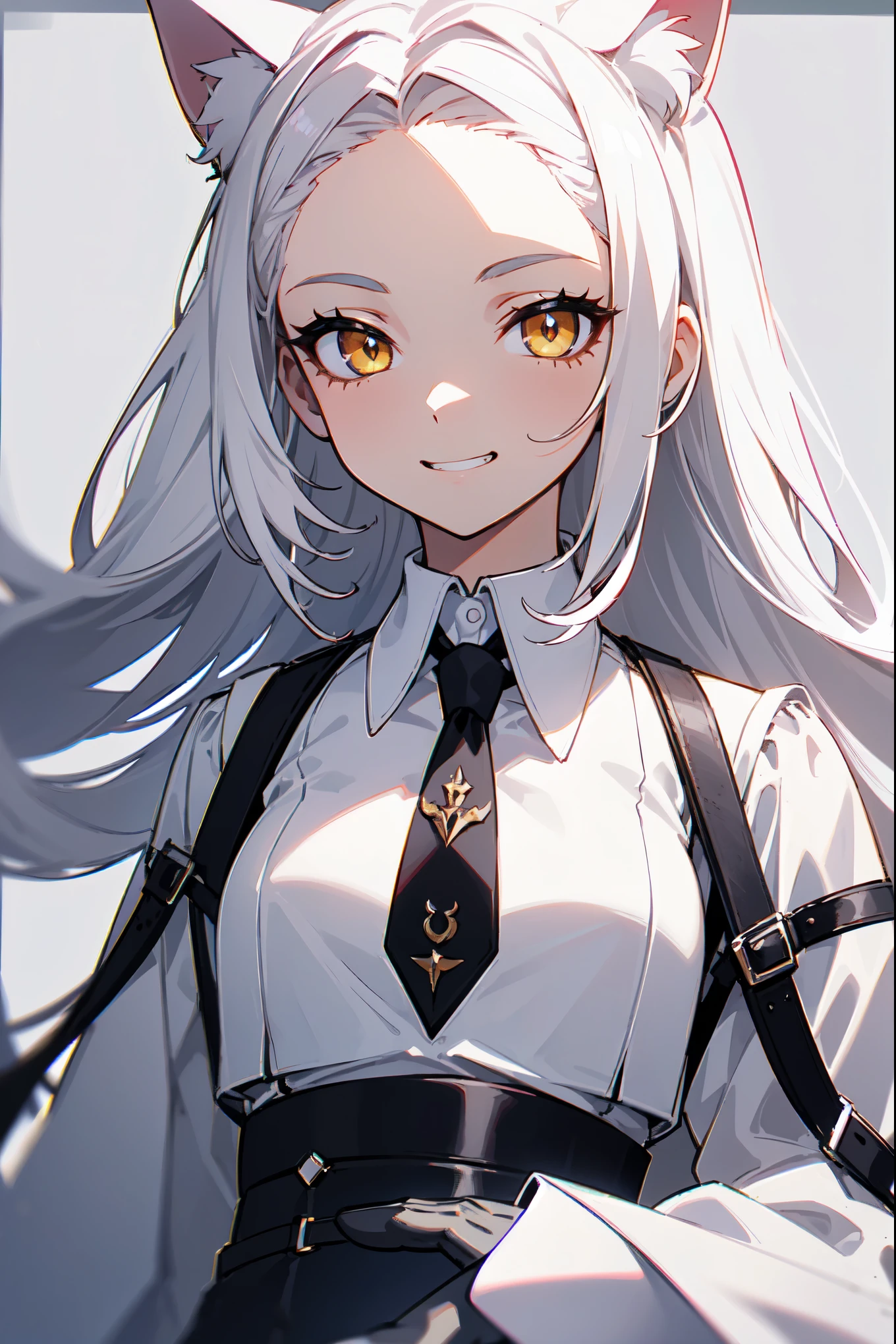 1girl, woman, solo, long hair, big hair, white hair, cat ears, (forehead:1.2), yellow eyes, medium breasts, devilish grin from below, white hair, (overcoat, black coat, open coat:1.2), white shirt, collared shirt, (chest harness, shoulder strap:1.15), black leather shorts, garter belt, gloves, ((from below)), elegant, looking at viewer, standing, chromatic aberration, (close-up to face:1.2), face only masterpiece, best quality, 4k