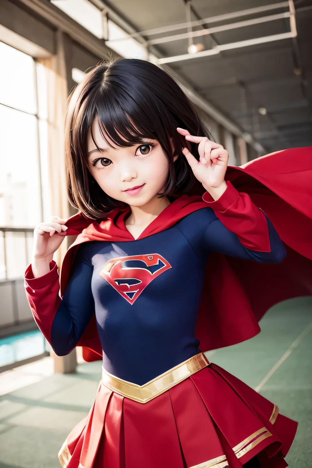A very elementary school student is wearing Supergirl clothes..、masterpiece、highest quality、Spreading black hair、bob cut with trimmed ends、(flat chest)、lolicon、red cloak、Glowing heart particles dance in the air、Rooftop background with pool、whole body、smile