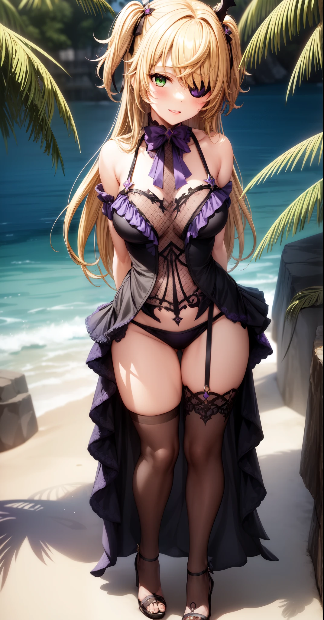 anime, beautiful face, highly detailed face, (2 accurate legs:1.0), green detailed eyes, highly detailed beach background, perfect lighting, best lighting, hair ornament, 1girl, solo, fischl, genshin impact, outdoors, on the beach, (beautiful blonde hair:1.2), absurdres, high res, ultrasharp, 8K, masterpiece, looking at viewer, loving smile, BREAK (detailed sexy purple beach bikini:1.4), (intricate all lace:1.2), (beautiful black heels:1.2), (full body:1.1), (hands behind back:1.2), very elegant pose